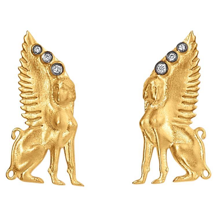 Archaeological Urartian Sphynx Post Earrings with Diamonds by Kurtulan For Sale