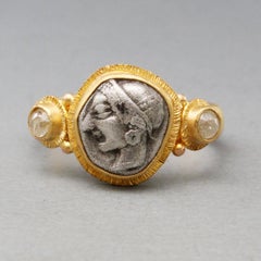 Ancient Greek Archaic 6th Century BCE Athena Coin Diamonds 22K Gold Ring