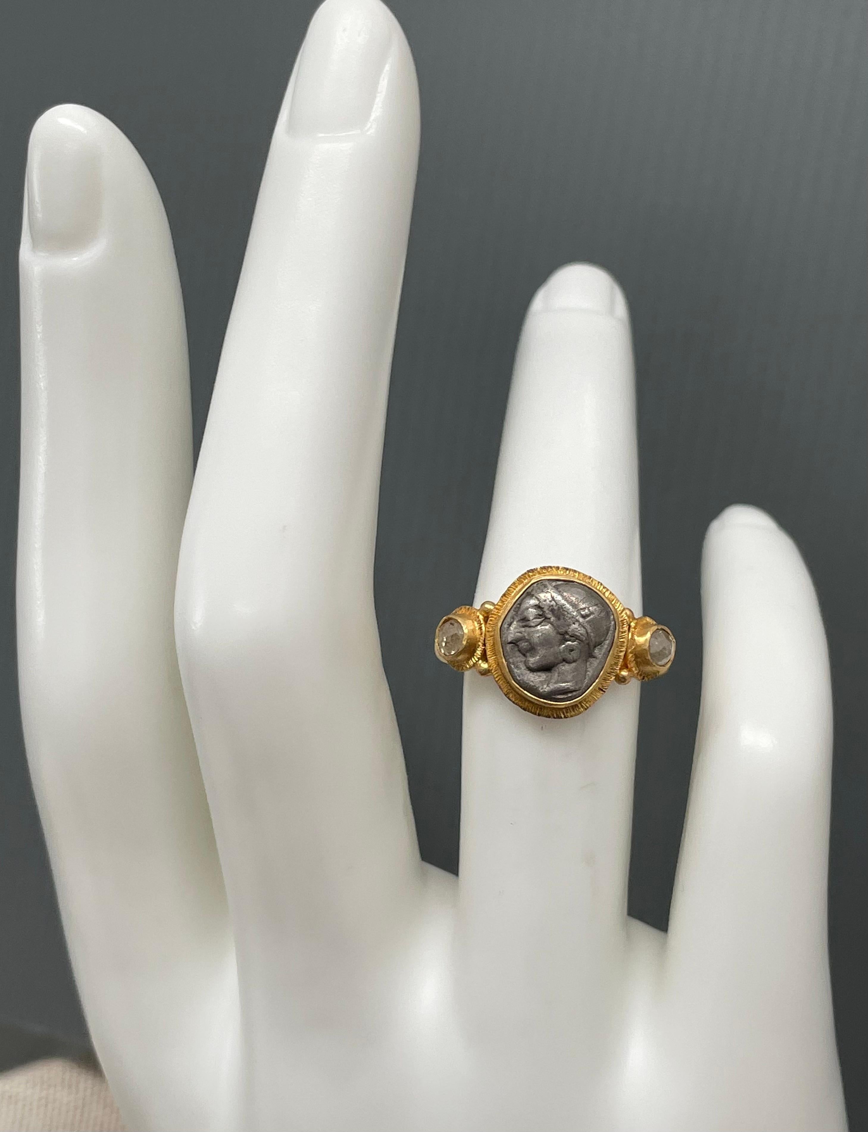 Ancient Greek Archaic 6th Century BCE Athena Coin Diamonds 22K Gold Ring In New Condition In Soquel, CA