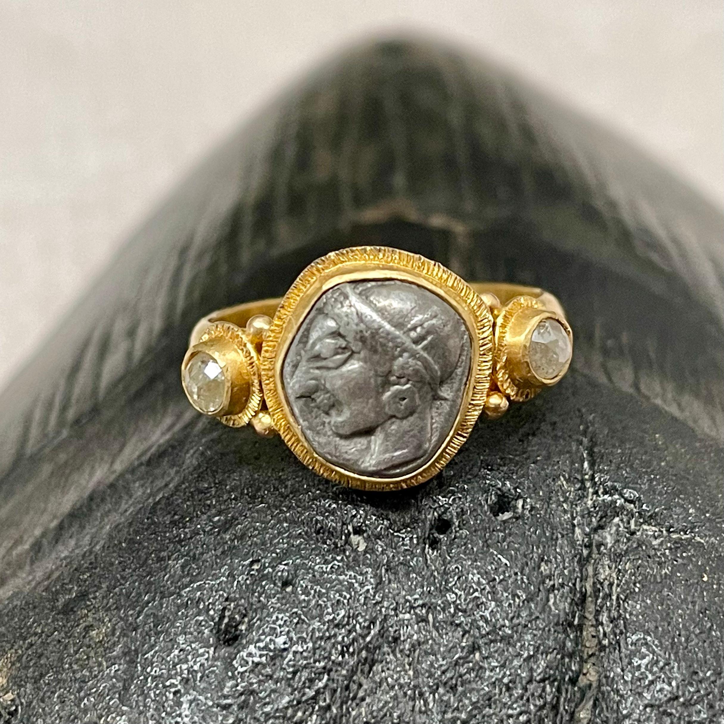 Women's or Men's Ancient Greek Archaic 6th Century BCE Athena Coin Diamonds 22K Gold Ring