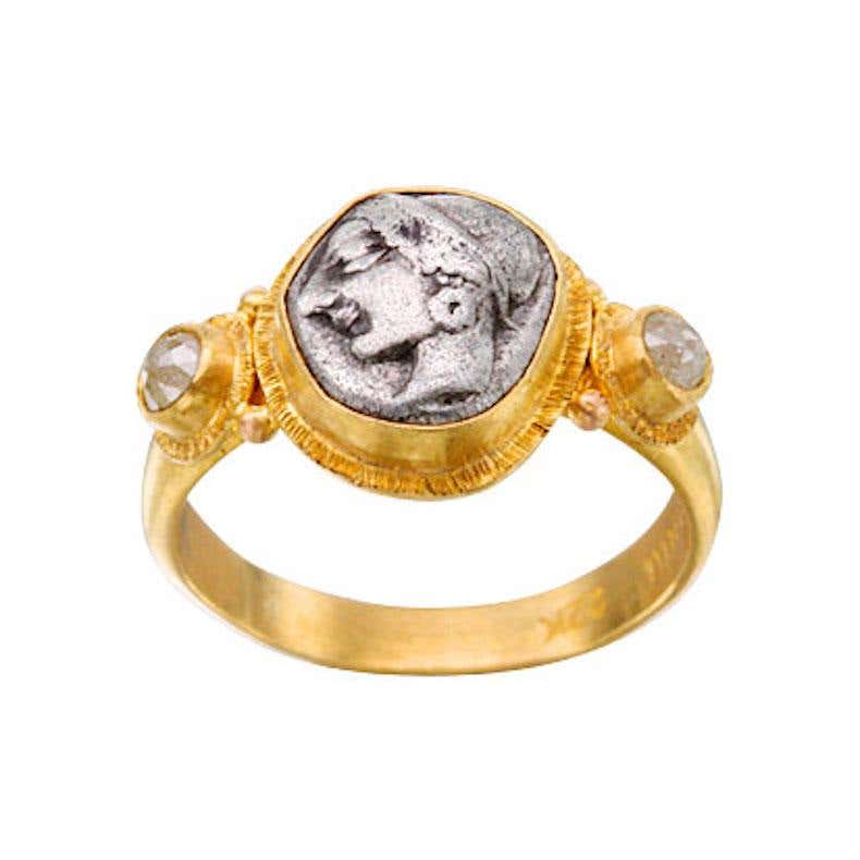 Ancient Silver Rings Ancient Greek Archaic 6th Century BCE Athena Coin Diamonds 22K Gold ...