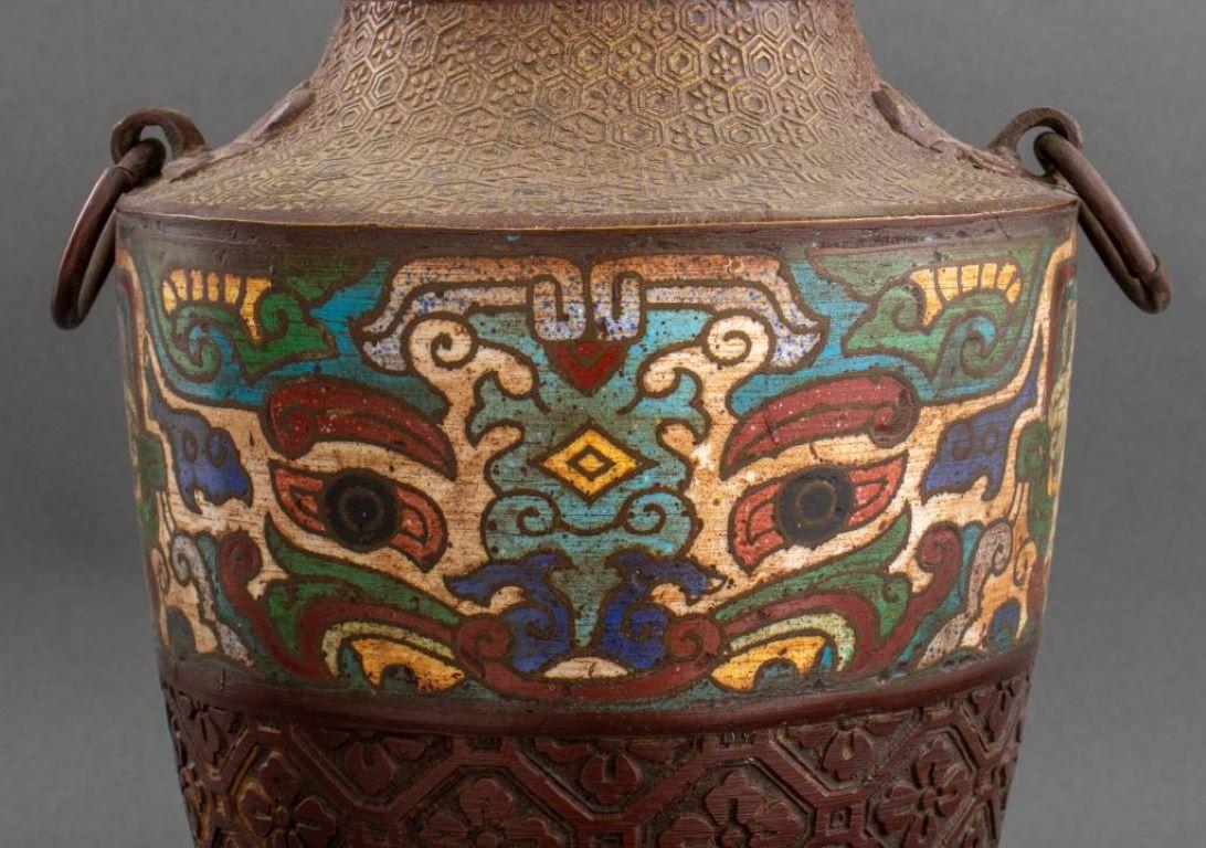Archaic Chinese Style Champleve Enamel Vase Lamp In Good Condition In Astoria, NY