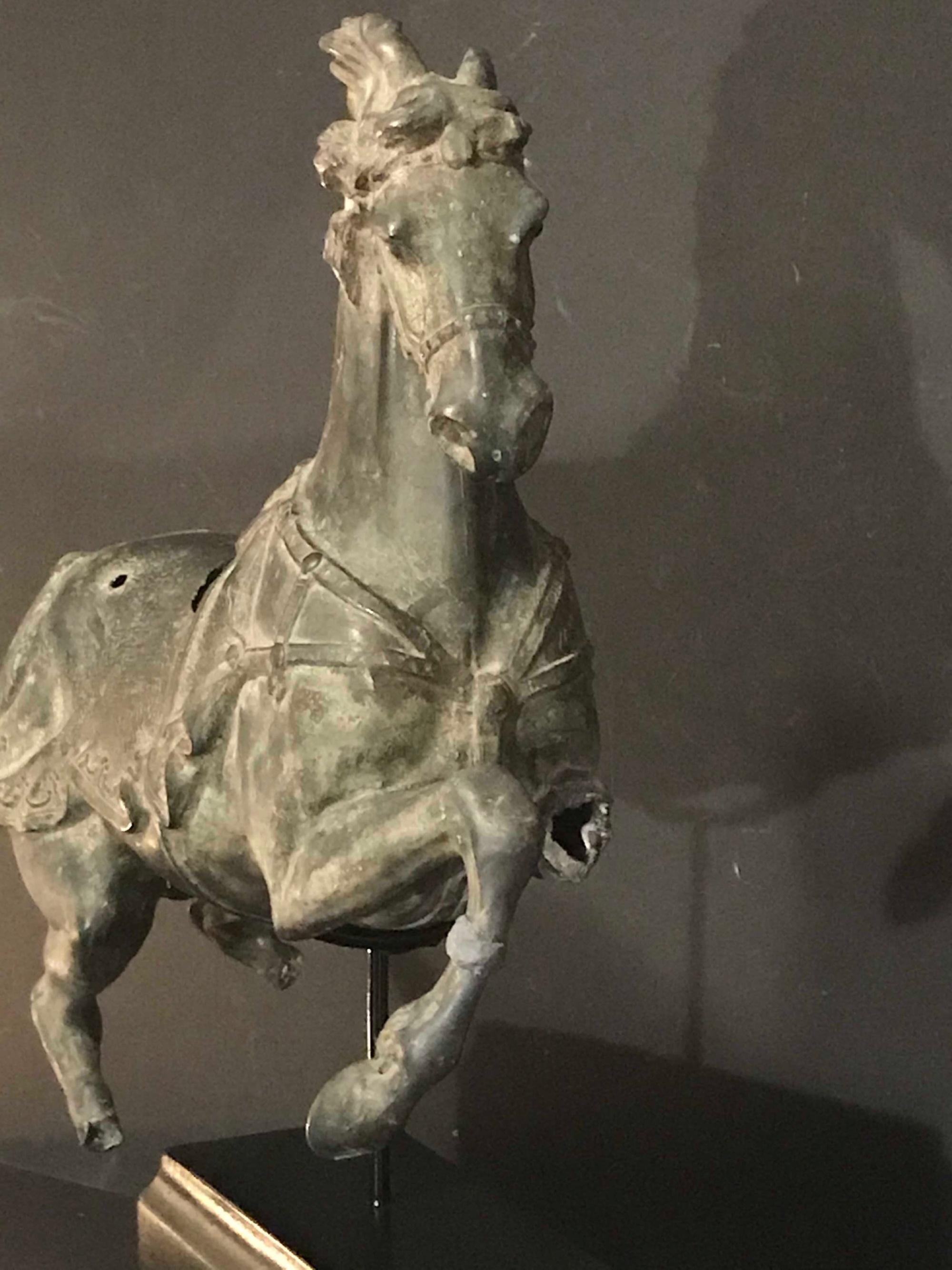 Metal Archaic Chinese Tang Style Imperial War Horse Sculpture on Stand