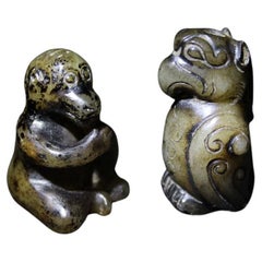 Antique Archaic Dark Jade Monkey And Eagle 