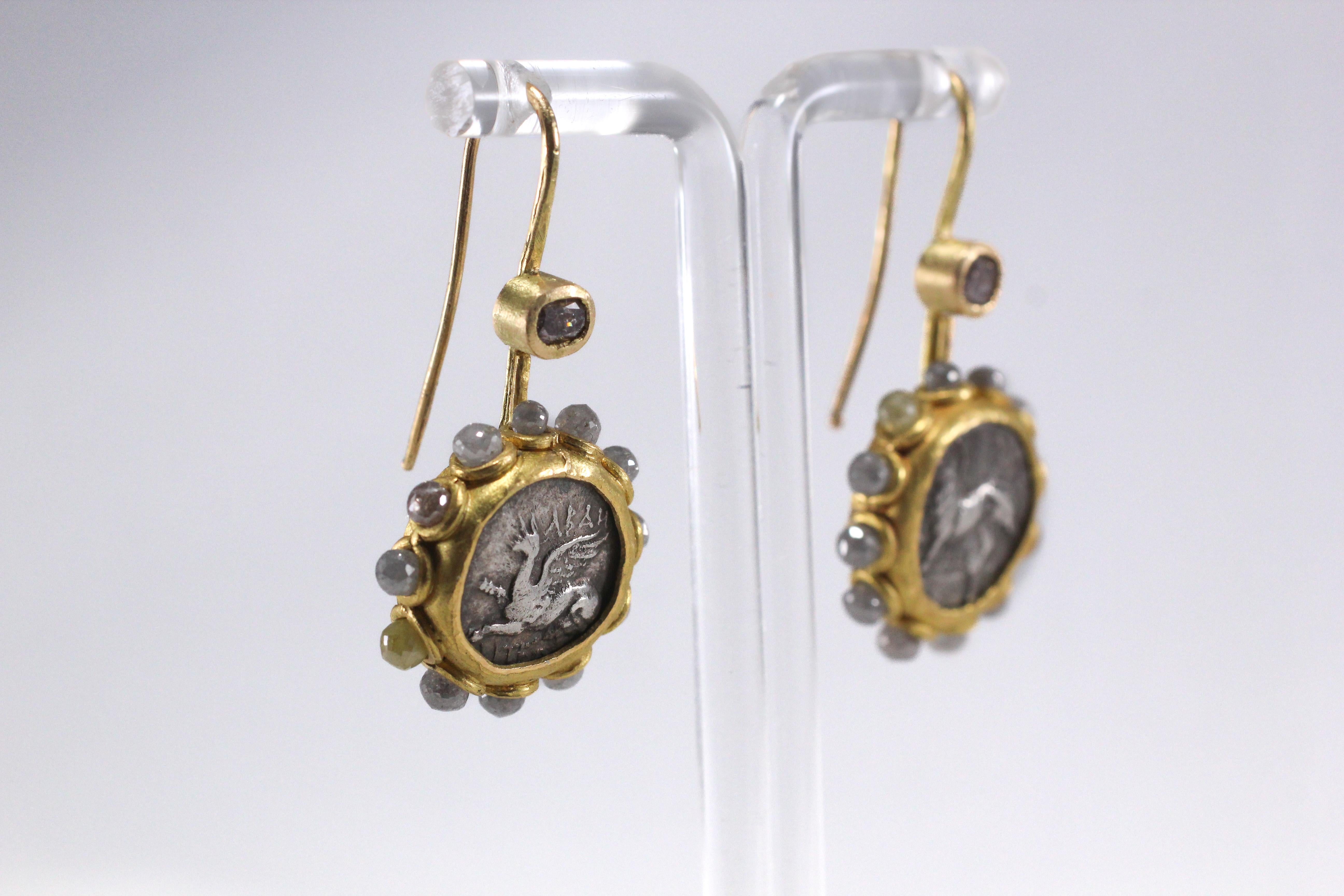 Archaic Greek Coins Diamonds 22k 21k Gold Dangle Drop Earrings For Sale 2