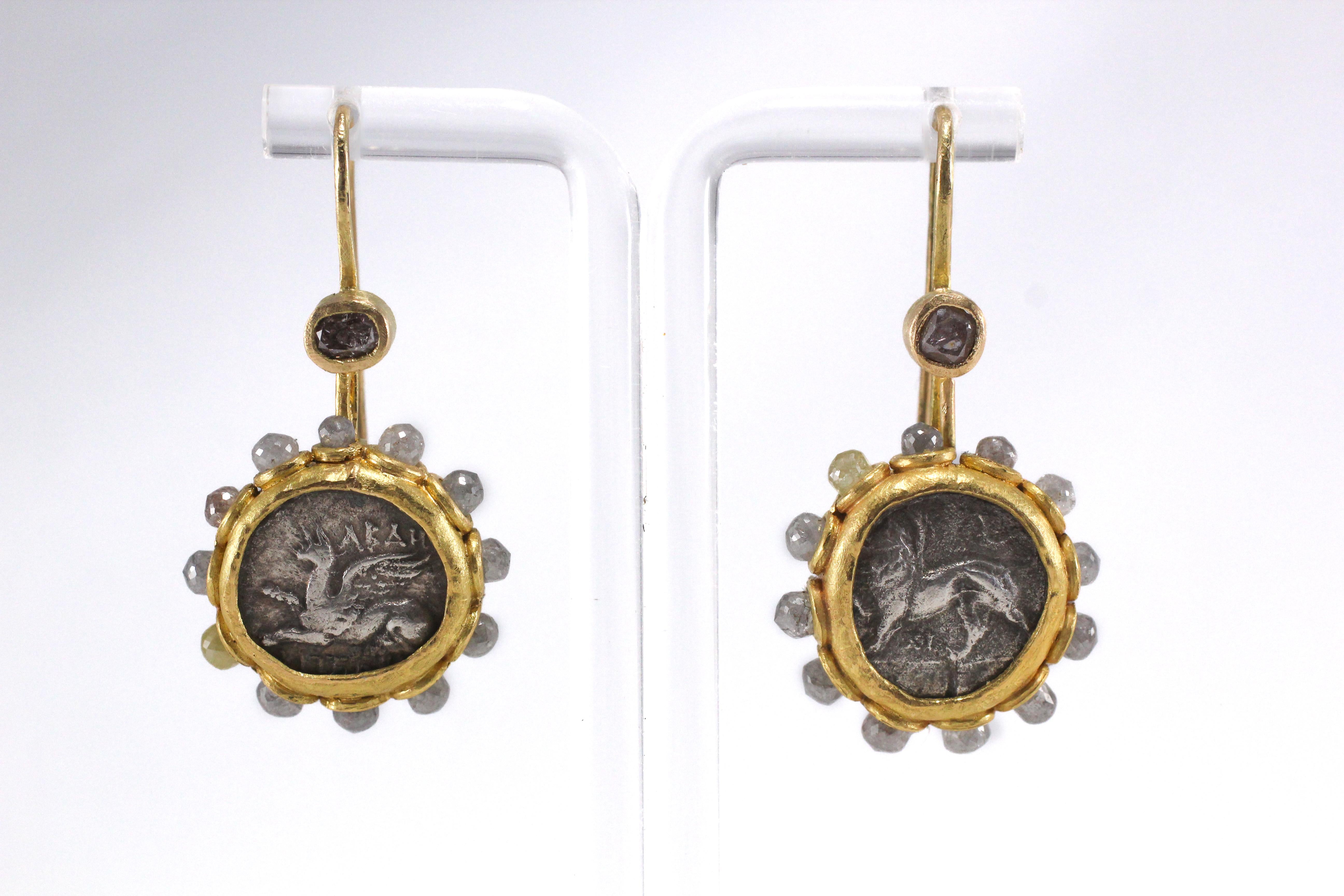 Mystery of Time. Fun, asymmetrical diamond 21k solid gold dangle drop earrings featuring Archaic Greek coins and grey diamond briolettes. Perfect for every day. Their neutral subtle color allows easy coordination with any outfit. Show off your