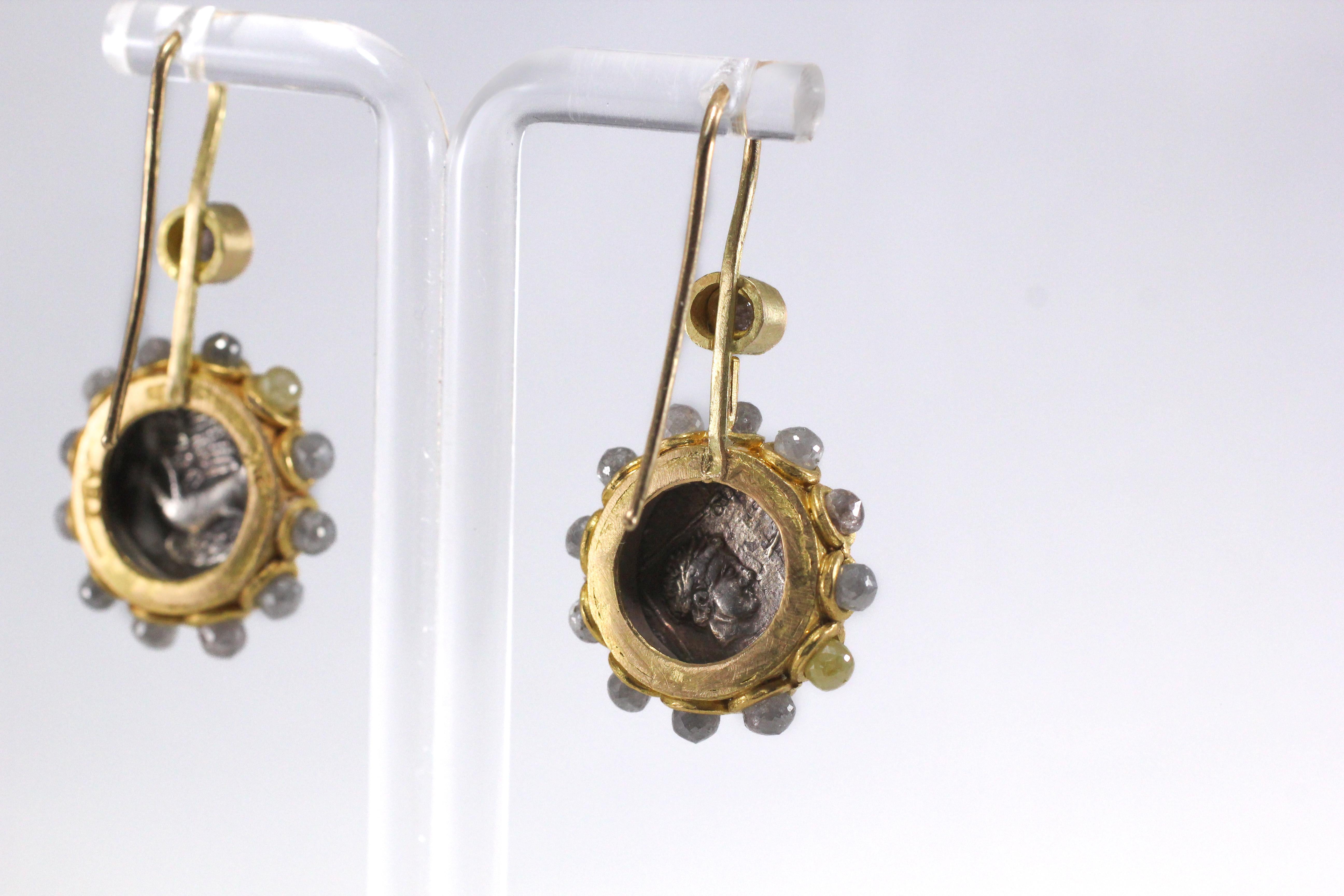 Archaic Greek Coins Diamonds 22k 21k Gold Dangle Drop Earrings For Sale 1