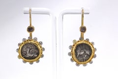 Archaic Greek Coins Diamonds 22k 21k Gold Dangle Drop Earrings
