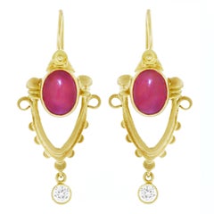 Vintage Archaic Motif Ruby and Diamond Set Gold Earrings
