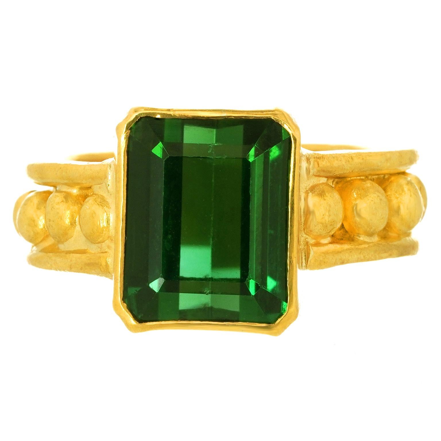 Emerald Cut Archaic Motif Tourmaline Ring  22k
