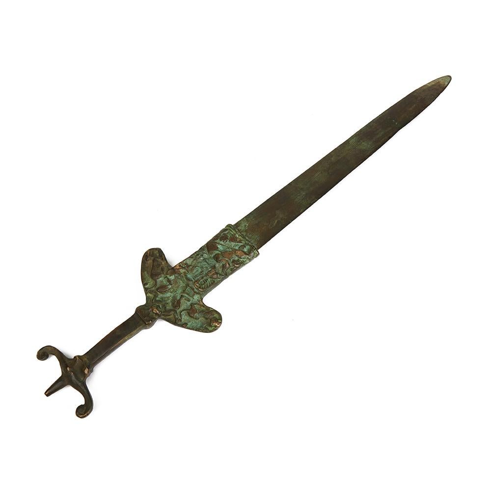 Archaistic Archaic Styled Bronze Sword with Figures on Stand