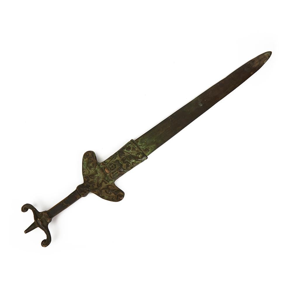 Patinated Archaic Styled Bronze Sword with Figures on Stand