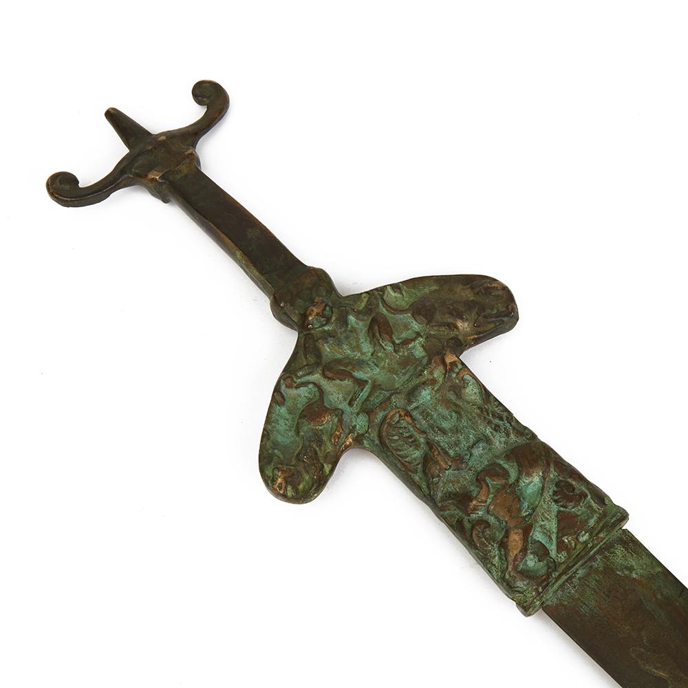 Archaic Styled Bronze Sword with Figures on Stand In Distressed Condition In Bishop's Stortford, Hertfordshire