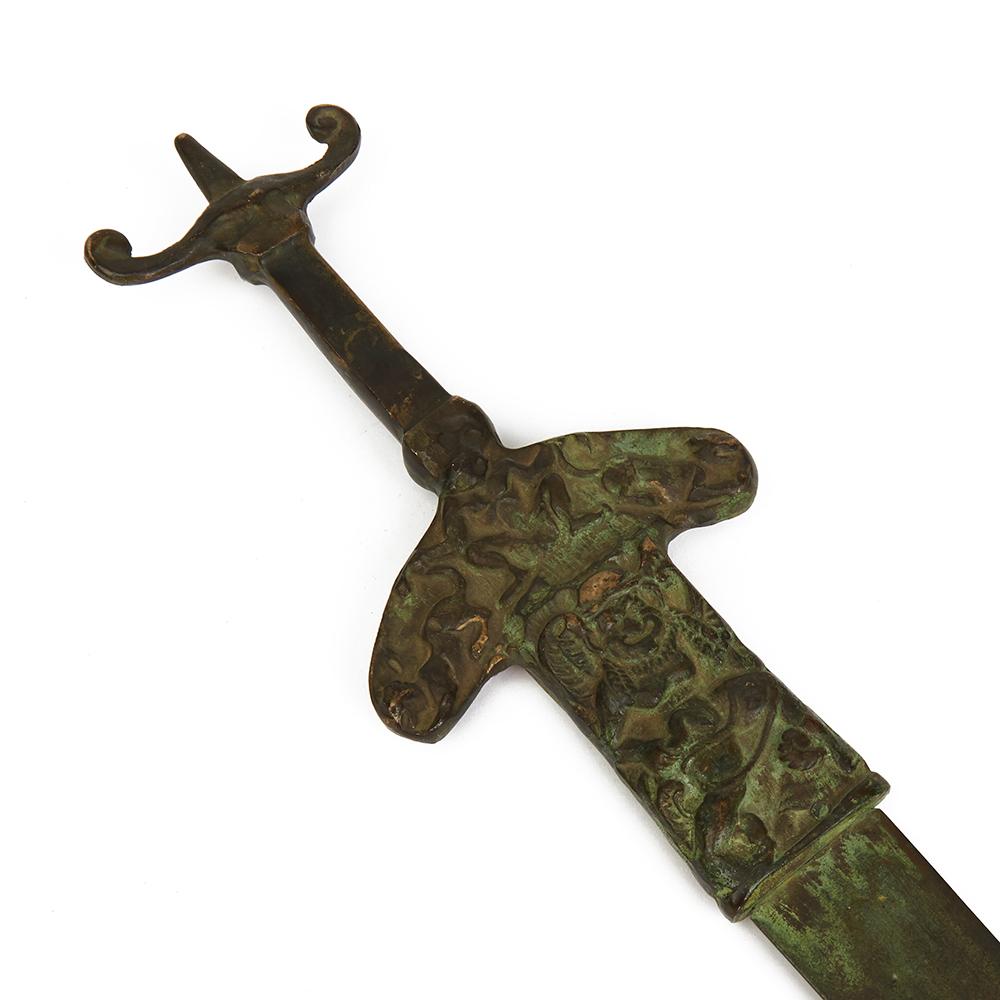 20th Century Archaic Styled Bronze Sword with Figures on Stand