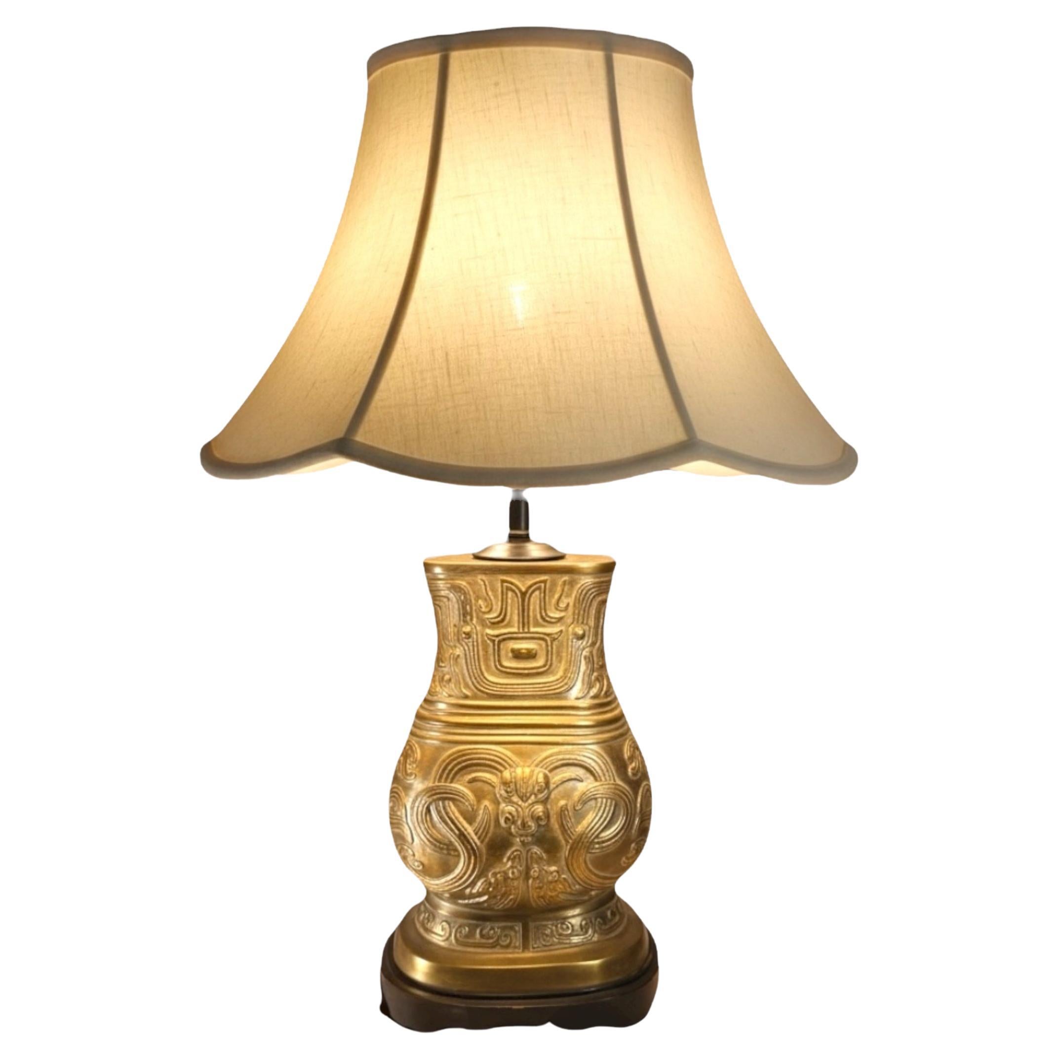 Archaistic Brass Chinese Hu Vessel Urn Table Lamp