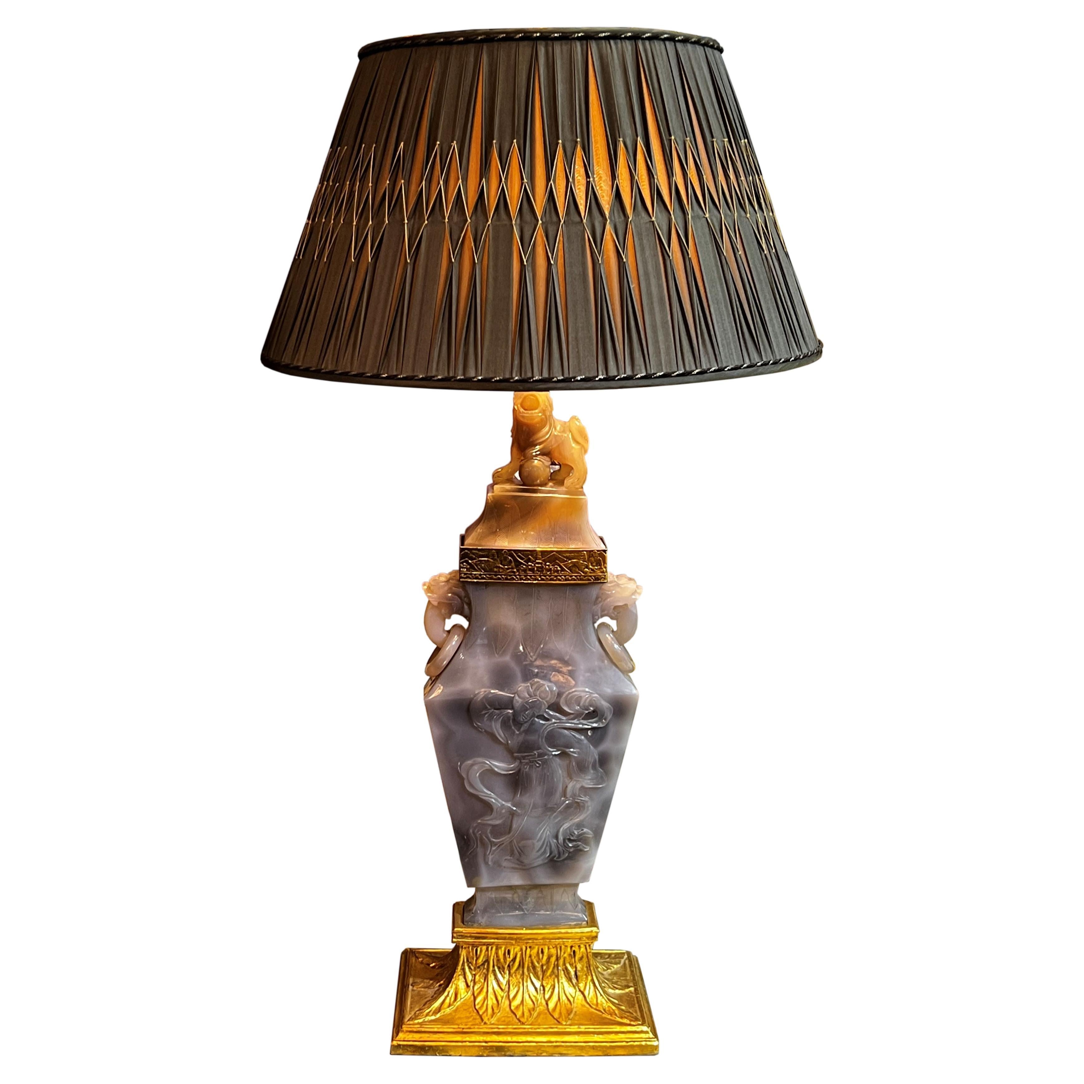 Archaistic Chinese Carved Agate and Gilt Metal Lamp For Sale