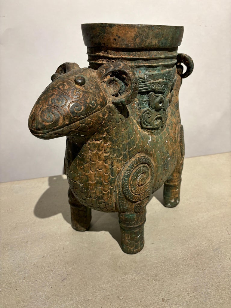 Archaistic Shang Style Verdigris Bronze 'Double-Ram' Vessel, Zun Circa 1900 Archaistic Shang Style Verdigris Bronze 'Double-Ram' Vessel, Zun Circa 1900