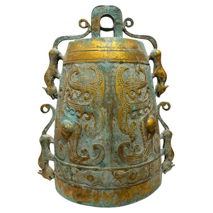 Archaistic Zhou Dynasty Style Gilt Bronze Bell, Verdigris Patina, Large ...