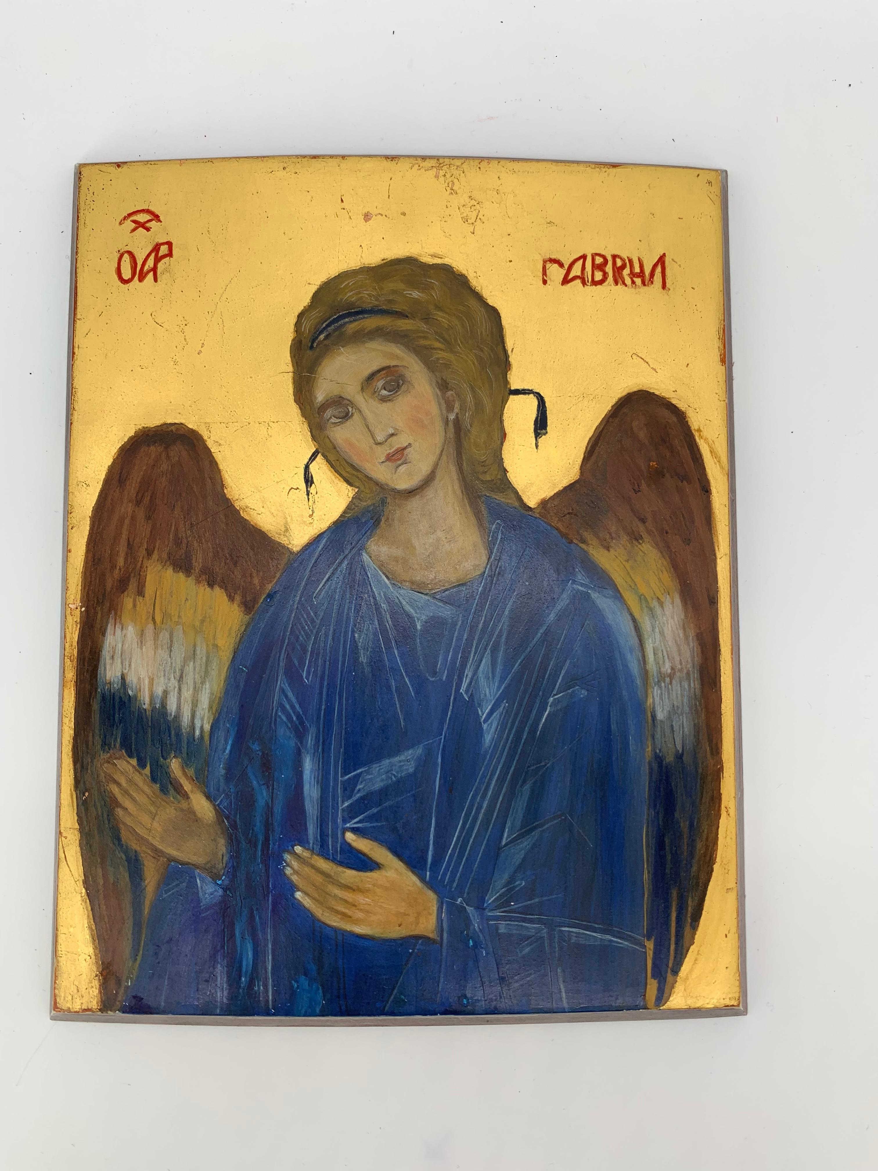 Classical Greek Archangel Gabriel Painted in 2000 Icon with Gold Leaf For Sale