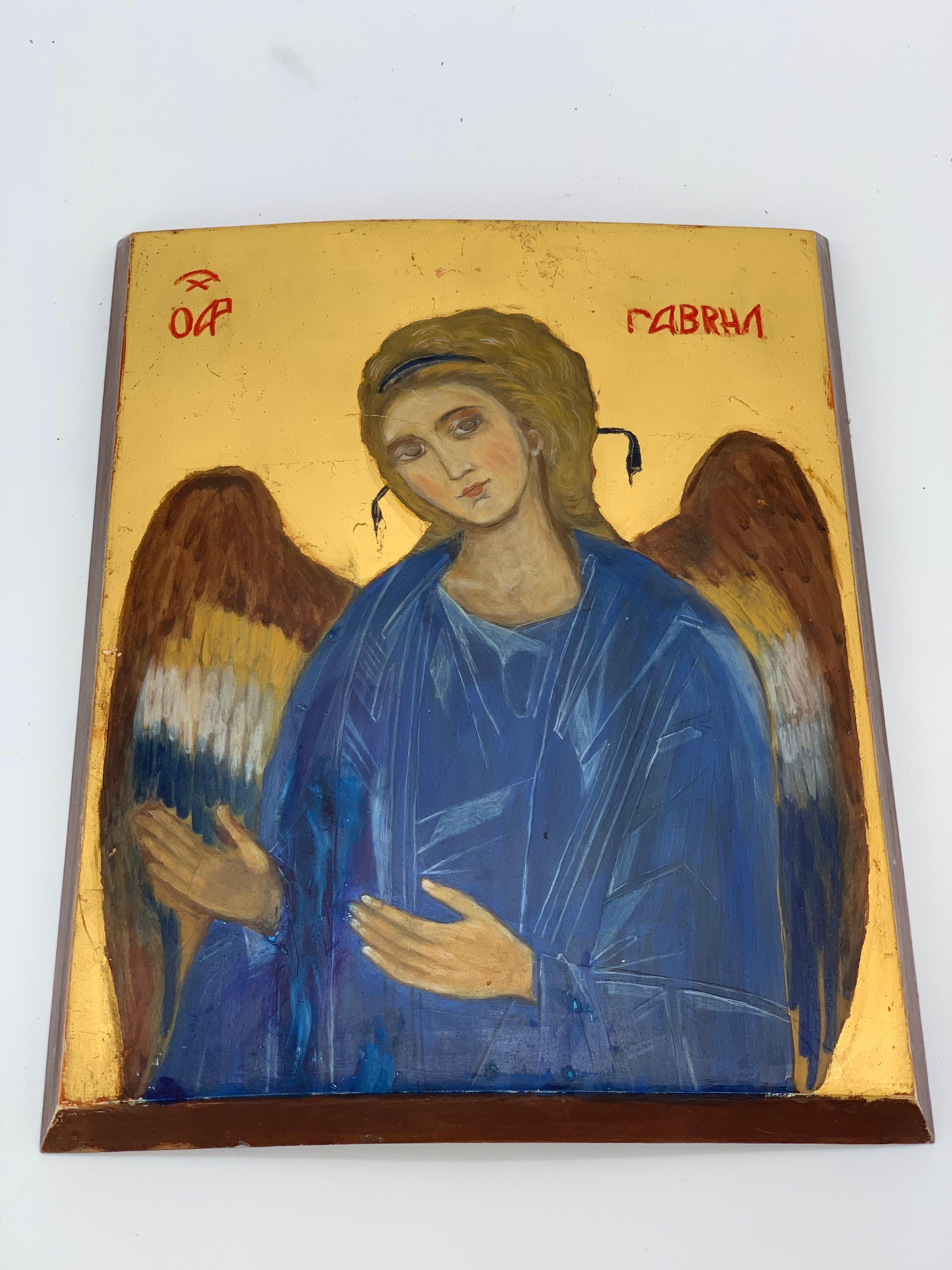 Contemporary Archangel Gabriel Painted in 2000 Icon with Gold Leaf For Sale