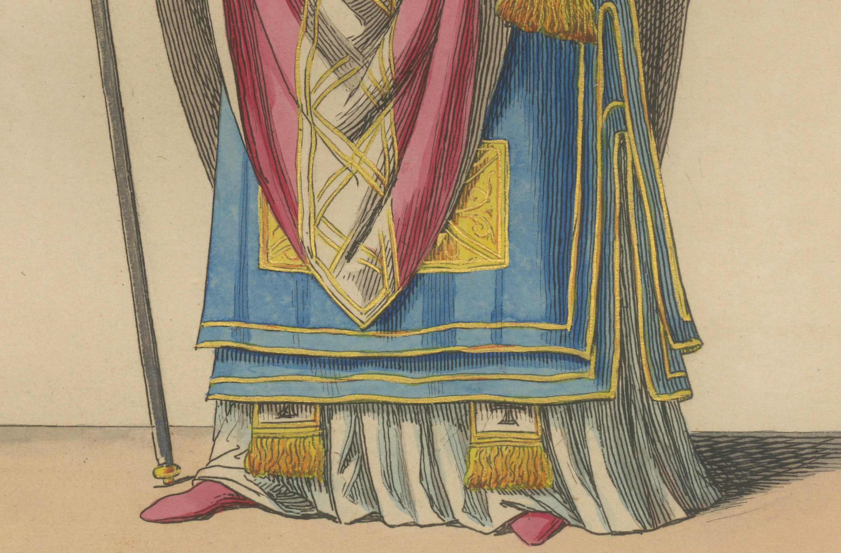 Archbishop in Ceremonial Vestments – Ecclesiastical Dress of the Renaissance

This hand-colored lithograph, plate MCCC No.79, presents a solemn and richly detailed portrait of a high-ranking ecclesiastical figure titled Archéveque (Archbishop).