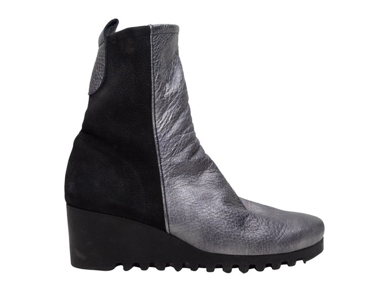 Arche Silver and Black Leather and Suede Wedge Ankle Boots For Sale at  1stDibs