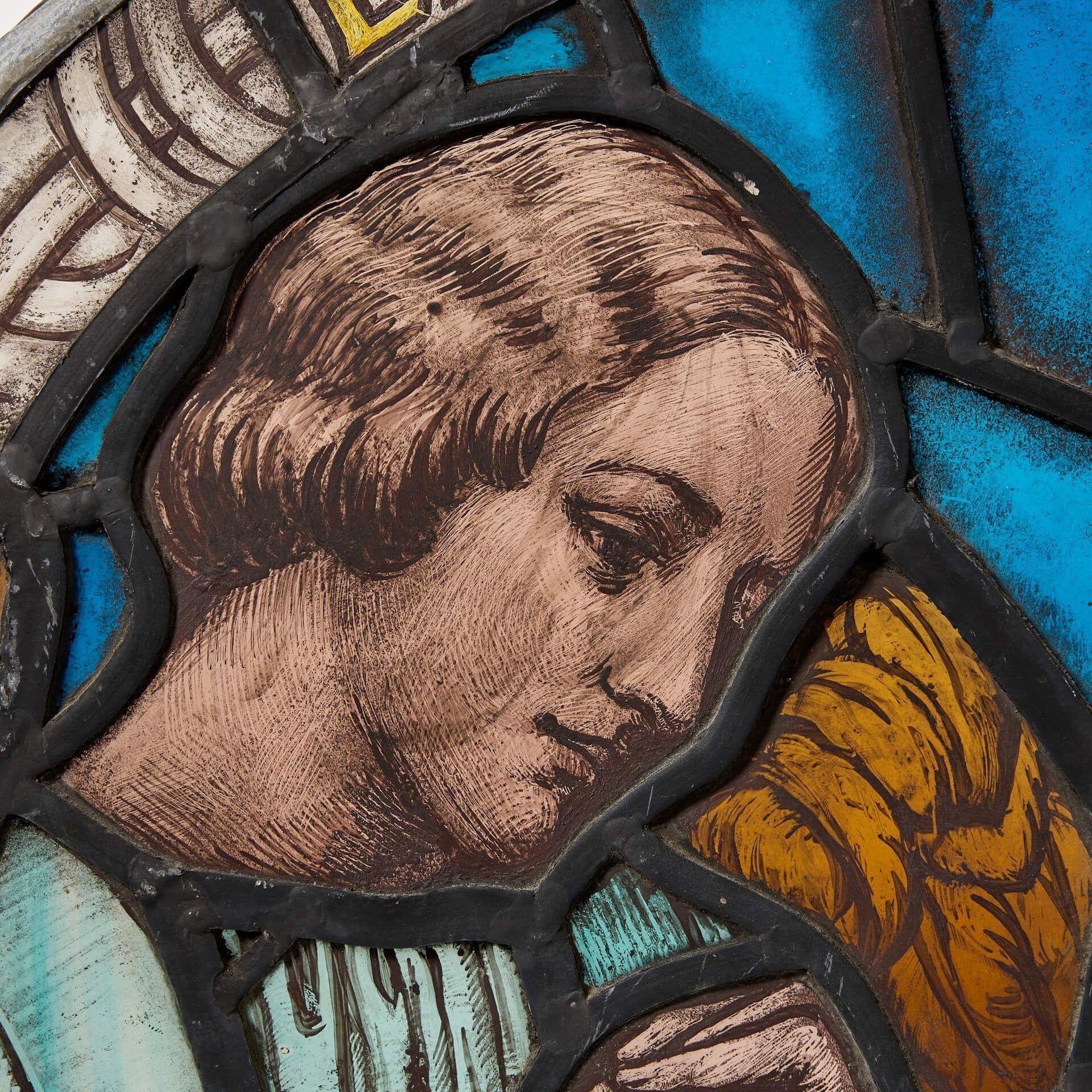 Edwardian Arched Antique Religious Stained Glass Panel with Angels For Sale