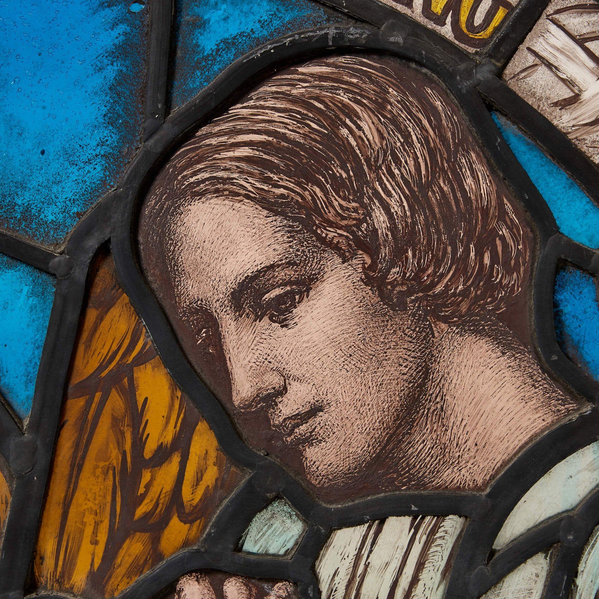 English Arched Antique Religious Stained Glass Panel with Angels For Sale