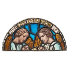 Arched Antique Religious Stained Glass Panel with Angels