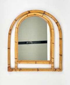Arched Bamboo & Rattan Wall Mirror, Italy 1970s