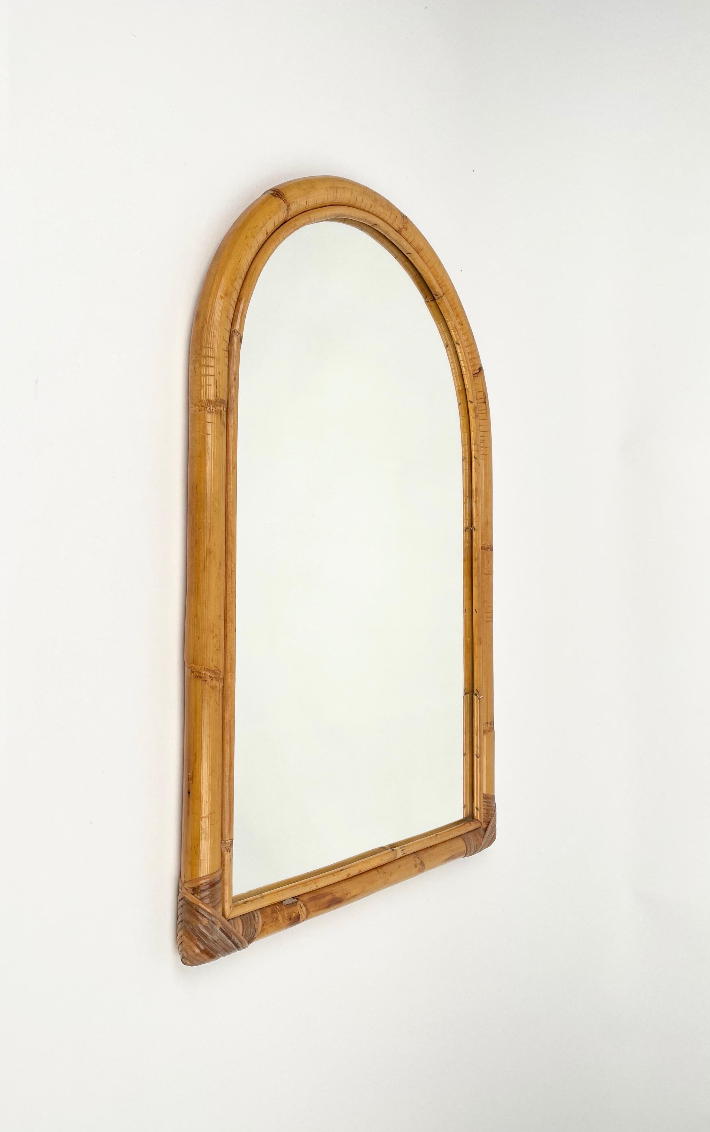 Mid-Century Modern Arched Bamboo & Rattan Wall Mirror, Italy 1970s