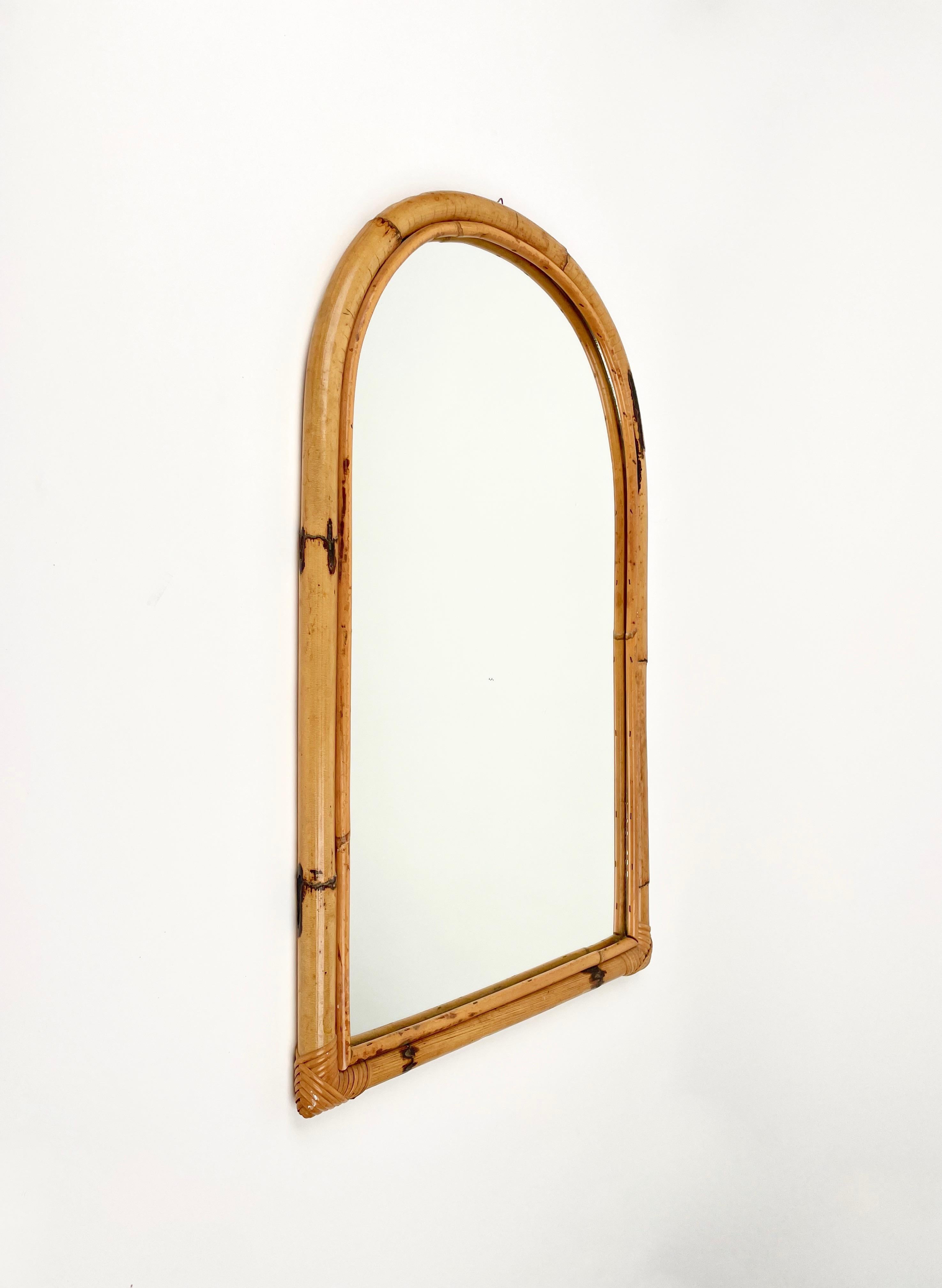 Mid-Century Modern Arched Bamboo & Rattan Wall Mirror, Italy 1970s