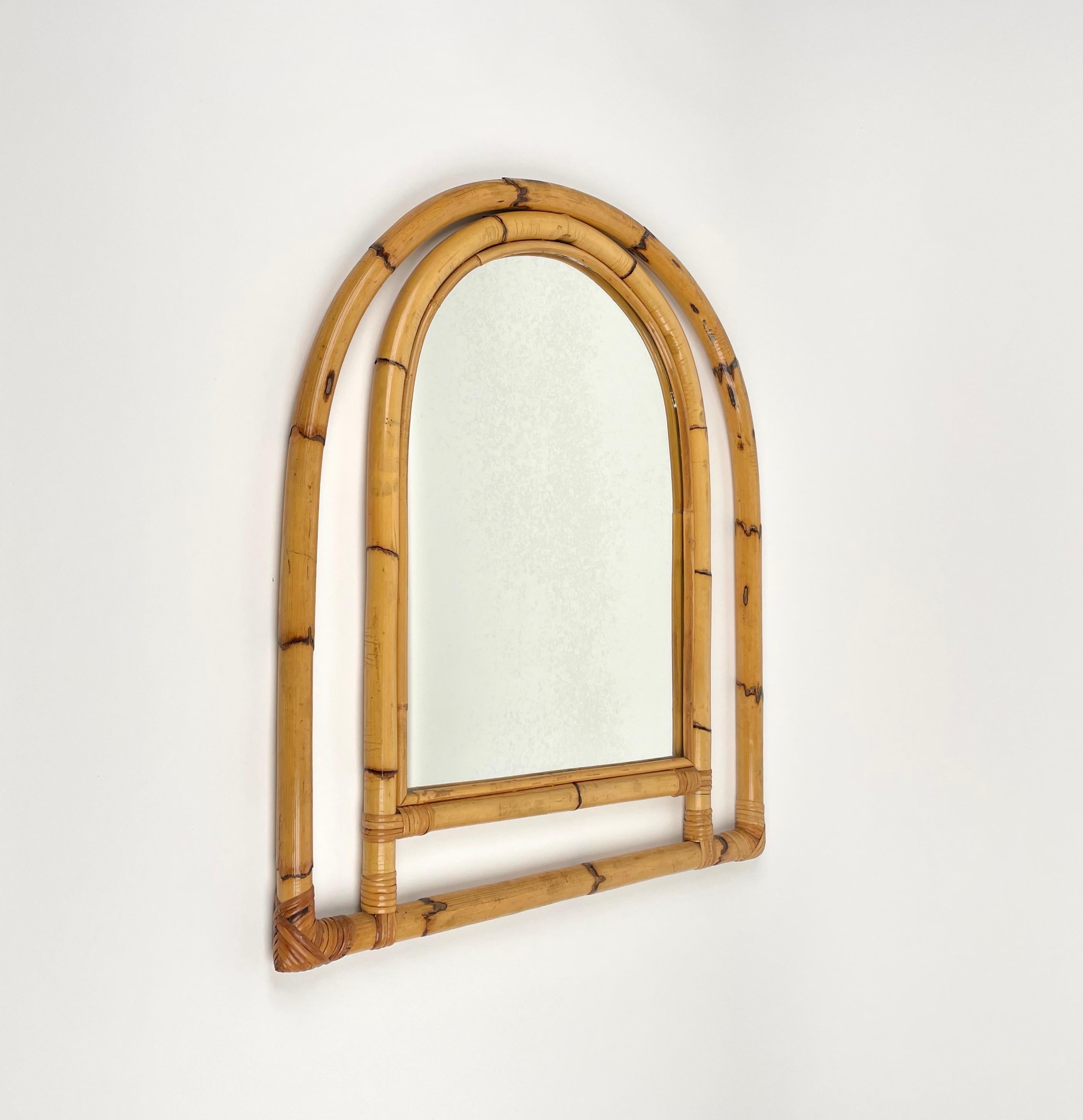 Mid-Century Modern Arched Bamboo & Rattan Wall Mirror, Italy 1970s For Sale