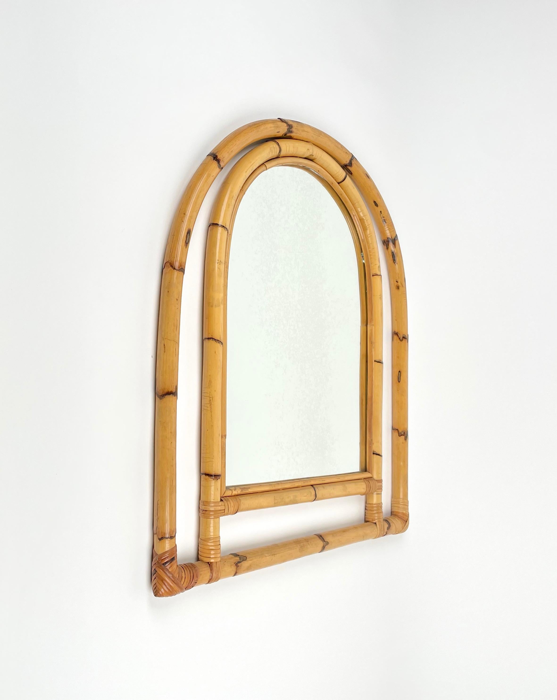 Italian Arched Bamboo & Rattan Wall Mirror, Italy 1970s For Sale