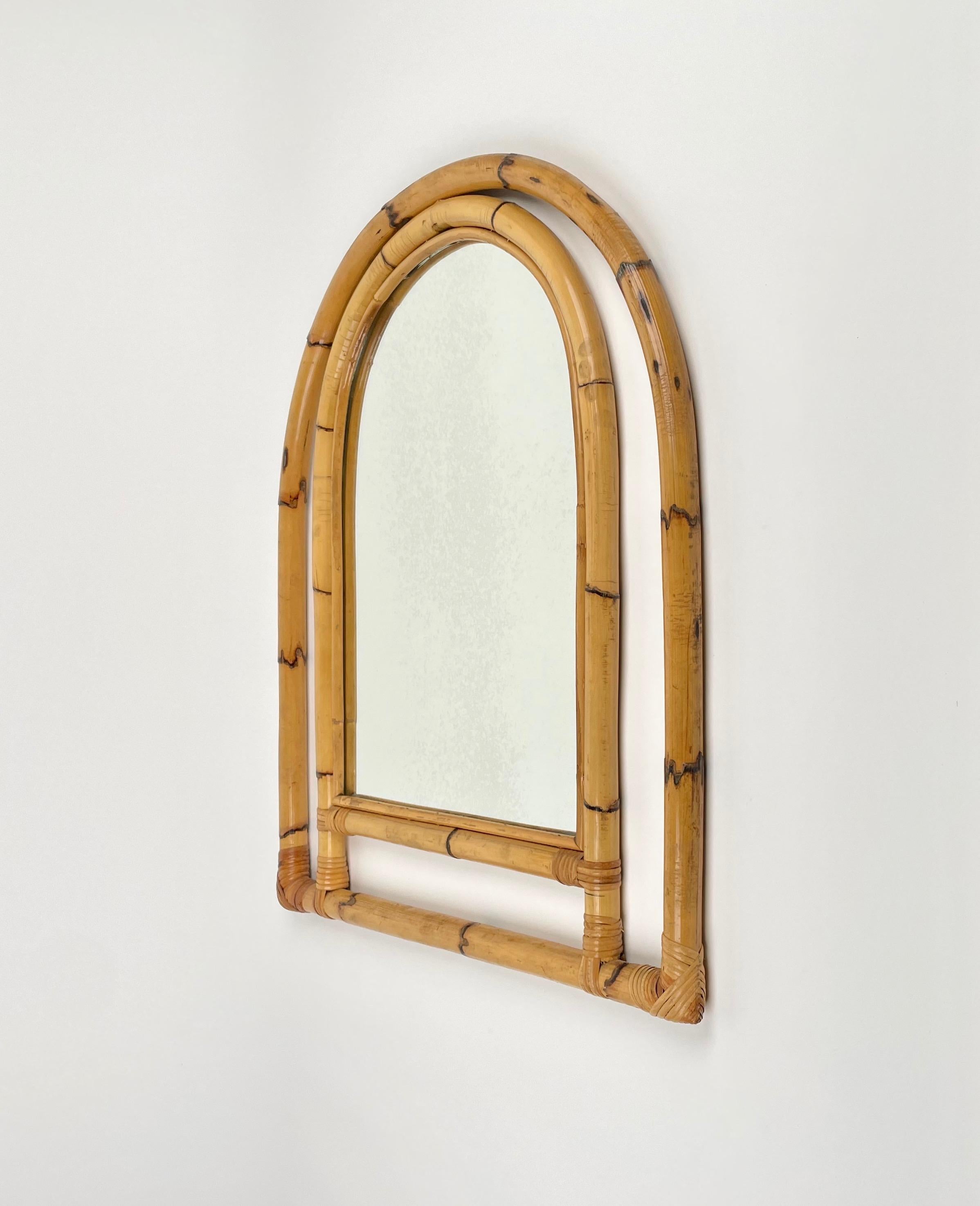 Late 20th Century Arched Bamboo & Rattan Wall Mirror, Italy 1970s For Sale