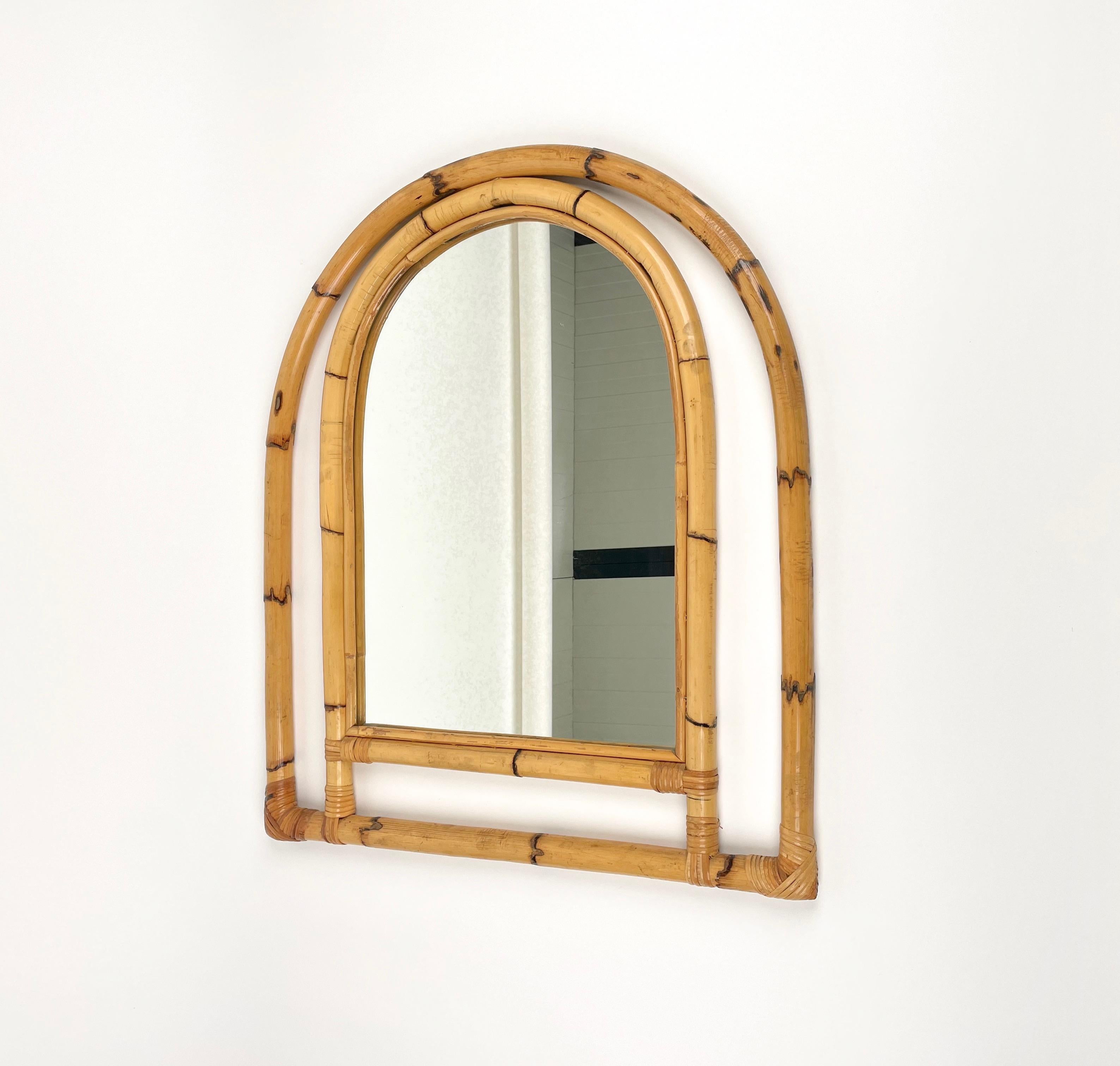 Arched Bamboo & Rattan Wall Mirror, Italy 1970s For Sale 1