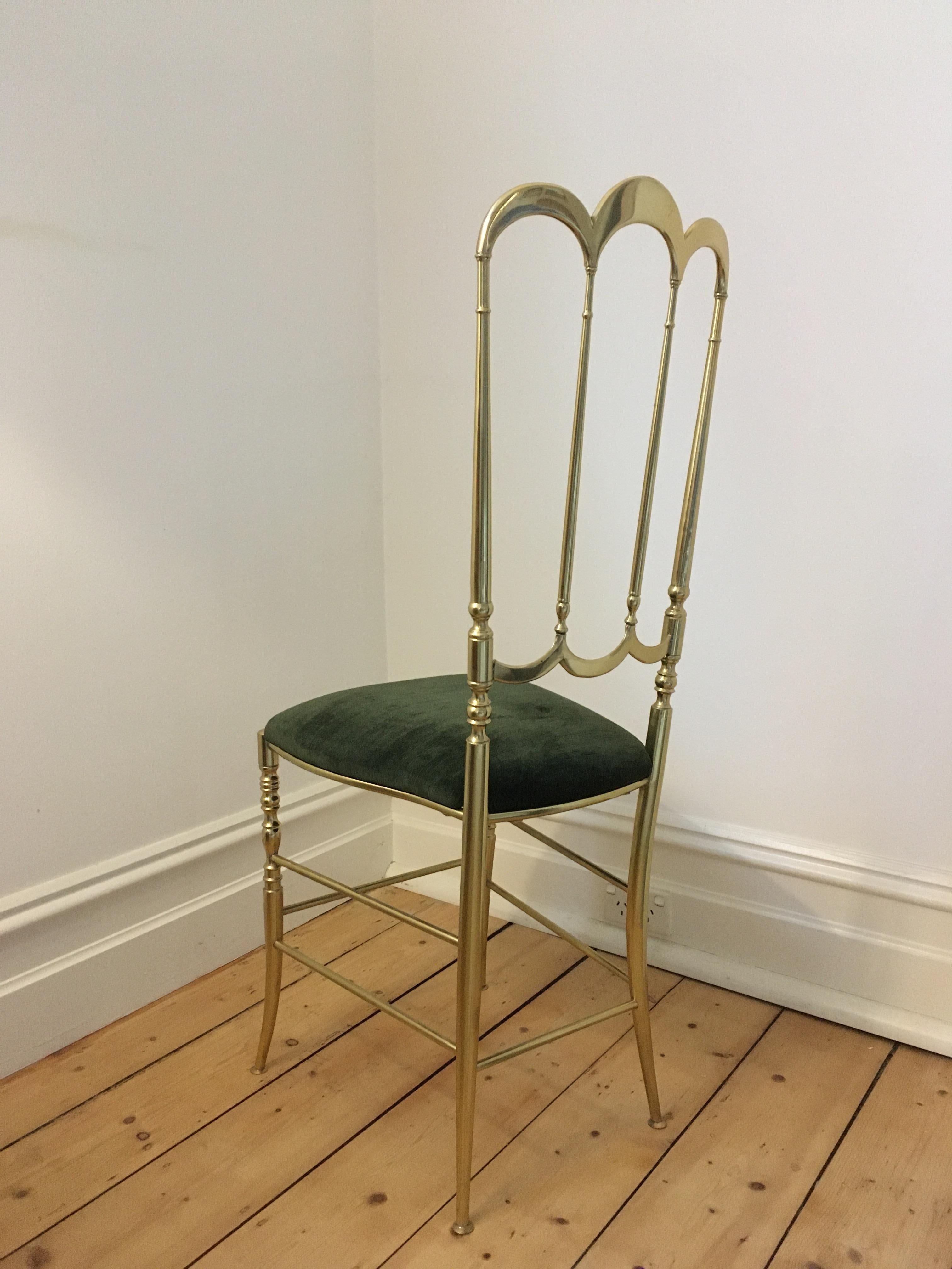 Arched Brass Chiavari Chair Dark Green Velvet Seat 1960s 7