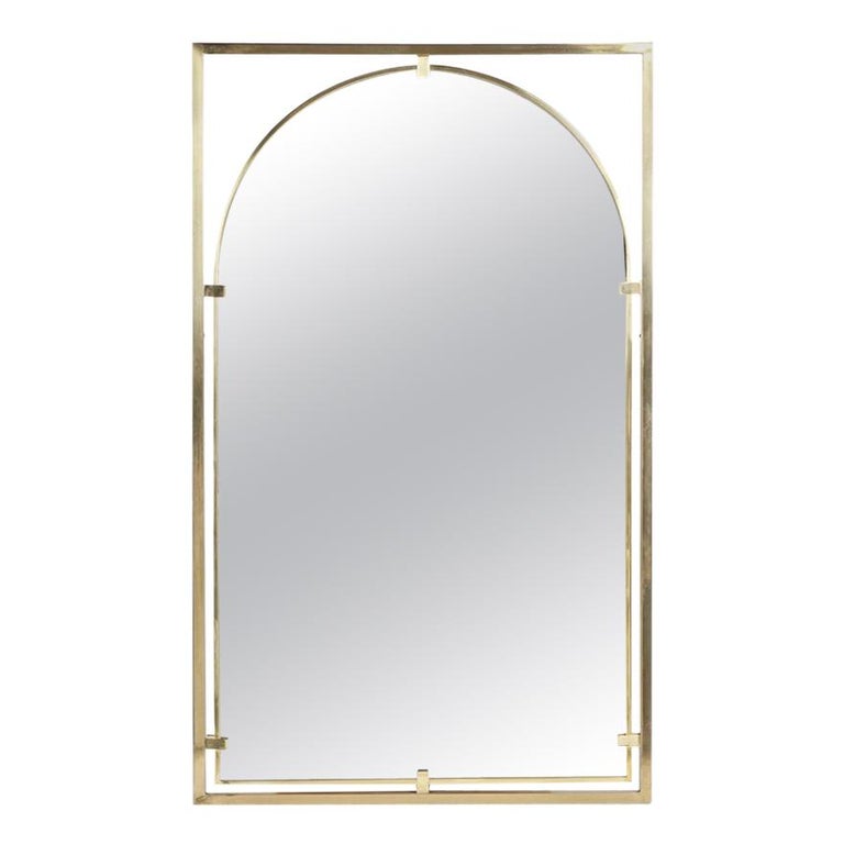 Arched Brass Framed Mirror in Open Rectangular Frame For Sale