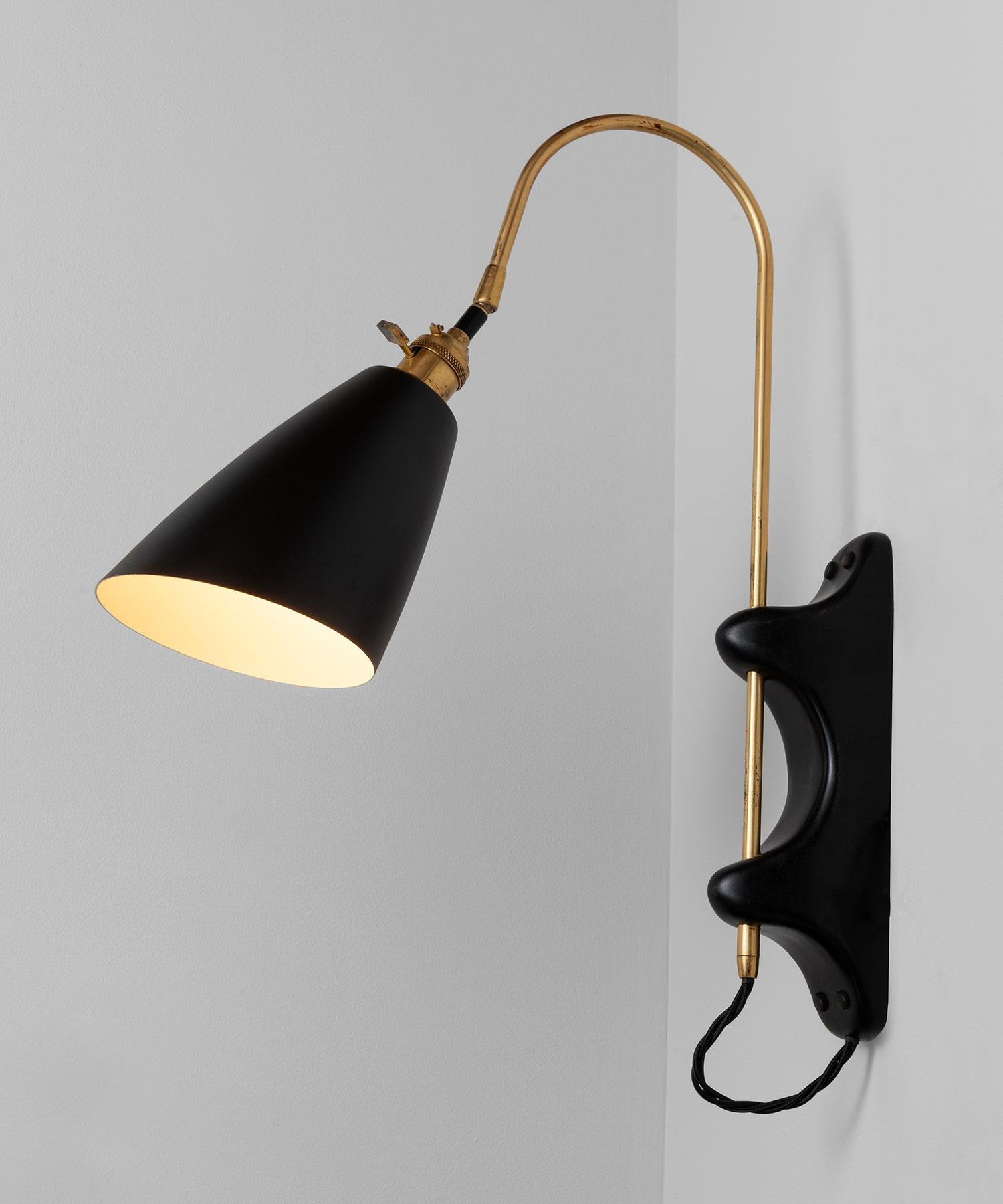 In black or cream with ebonised wood backplate, brass hardware, and black metal shade. Interior can be painted saffron yellow. Designed and produced in Gloucestershire England.

Made in England

*Please Note: This fixture is made to order in