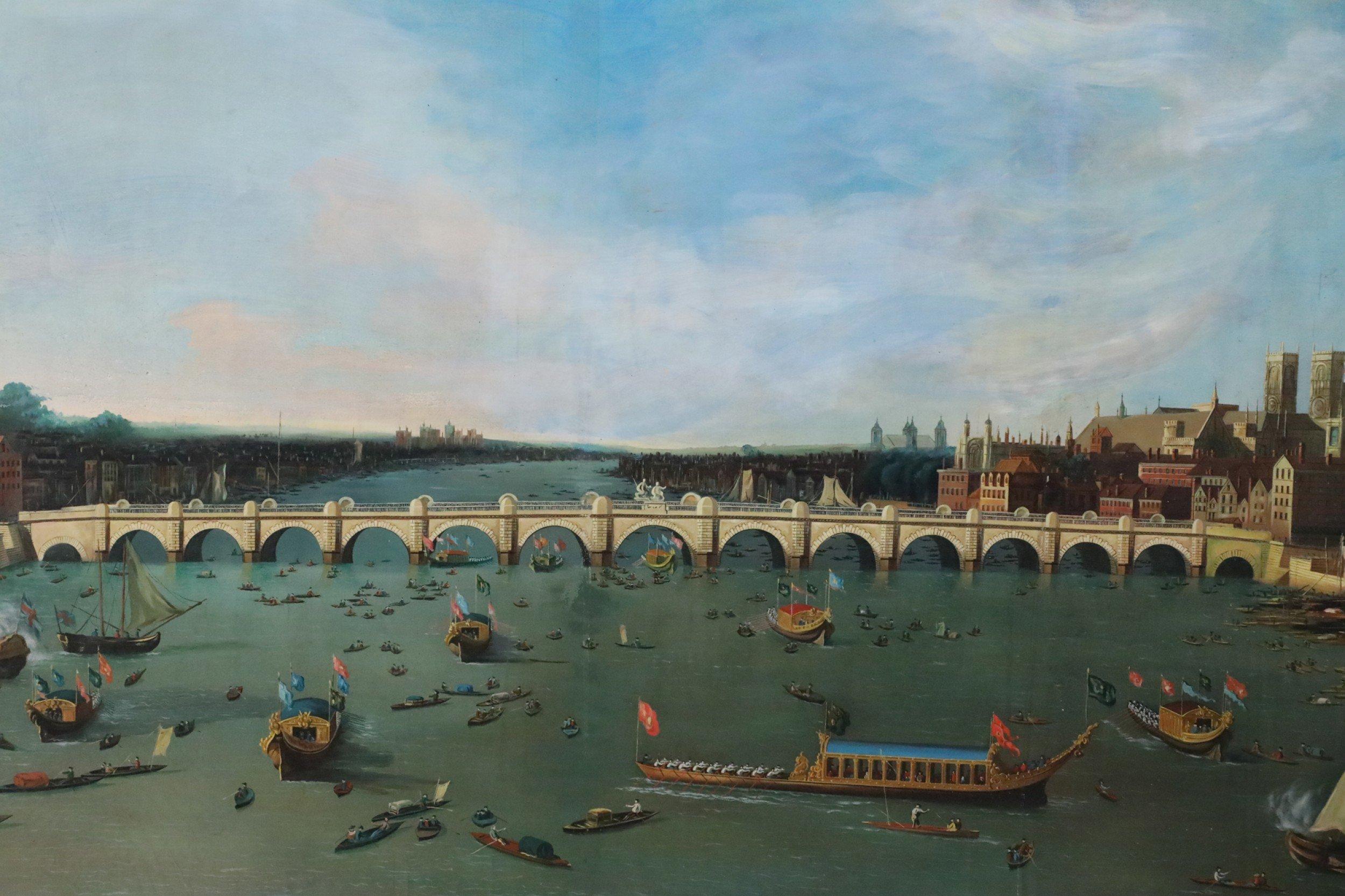 Vintage Venetian-Style (20th Century) painting of a long, arched bridge stretching across a canal filled with boats and gondolas of all sizes, on unframed, rectangular canvas.
 