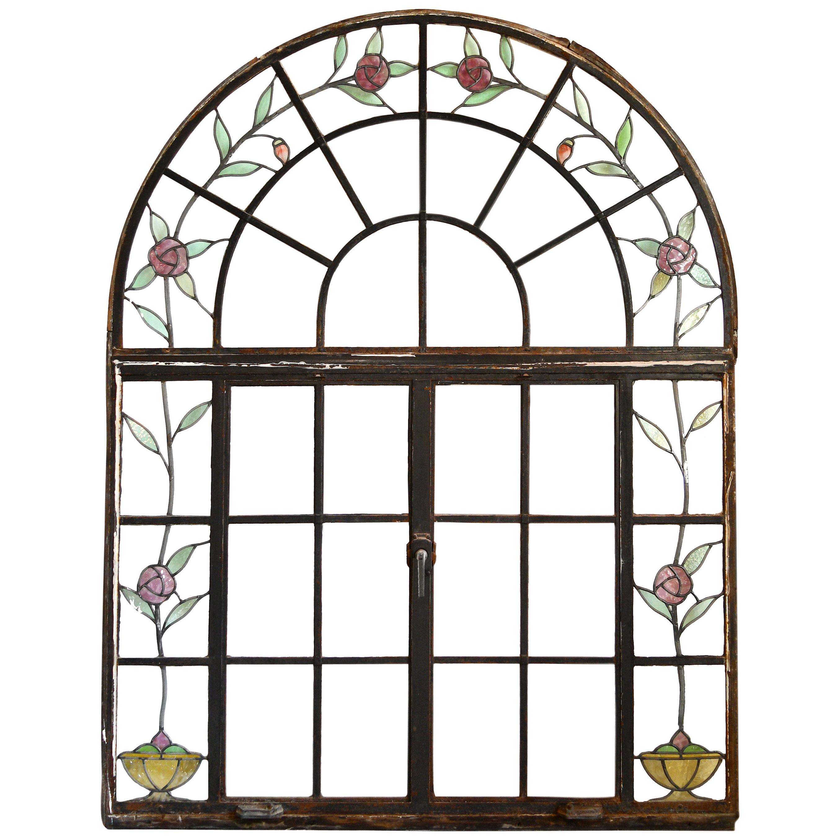 Arched Casement Window with Stained Glass Roses