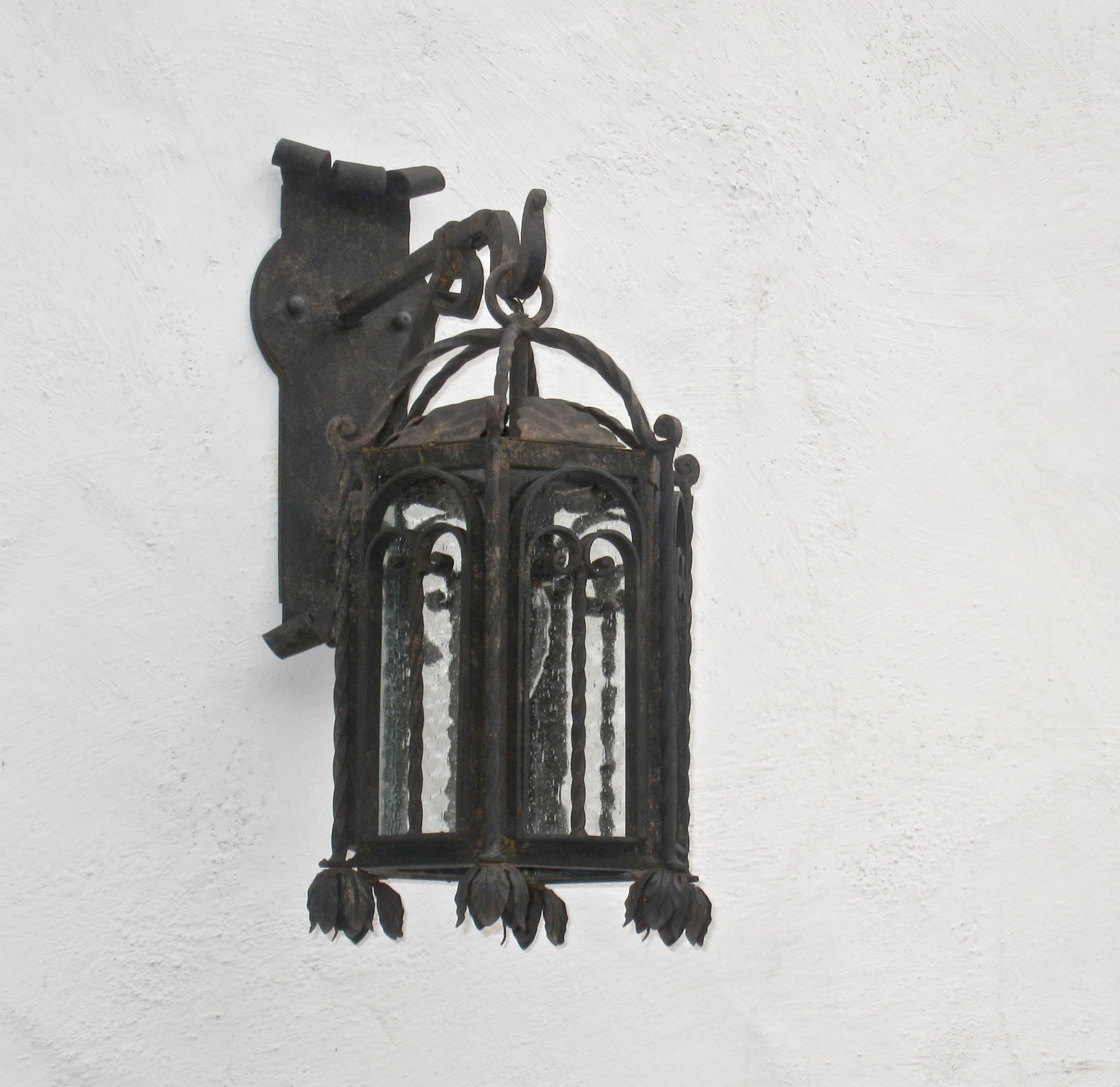 Contemporary Arched Door Forged Iron Exterior Lantern on Bracket For Sale