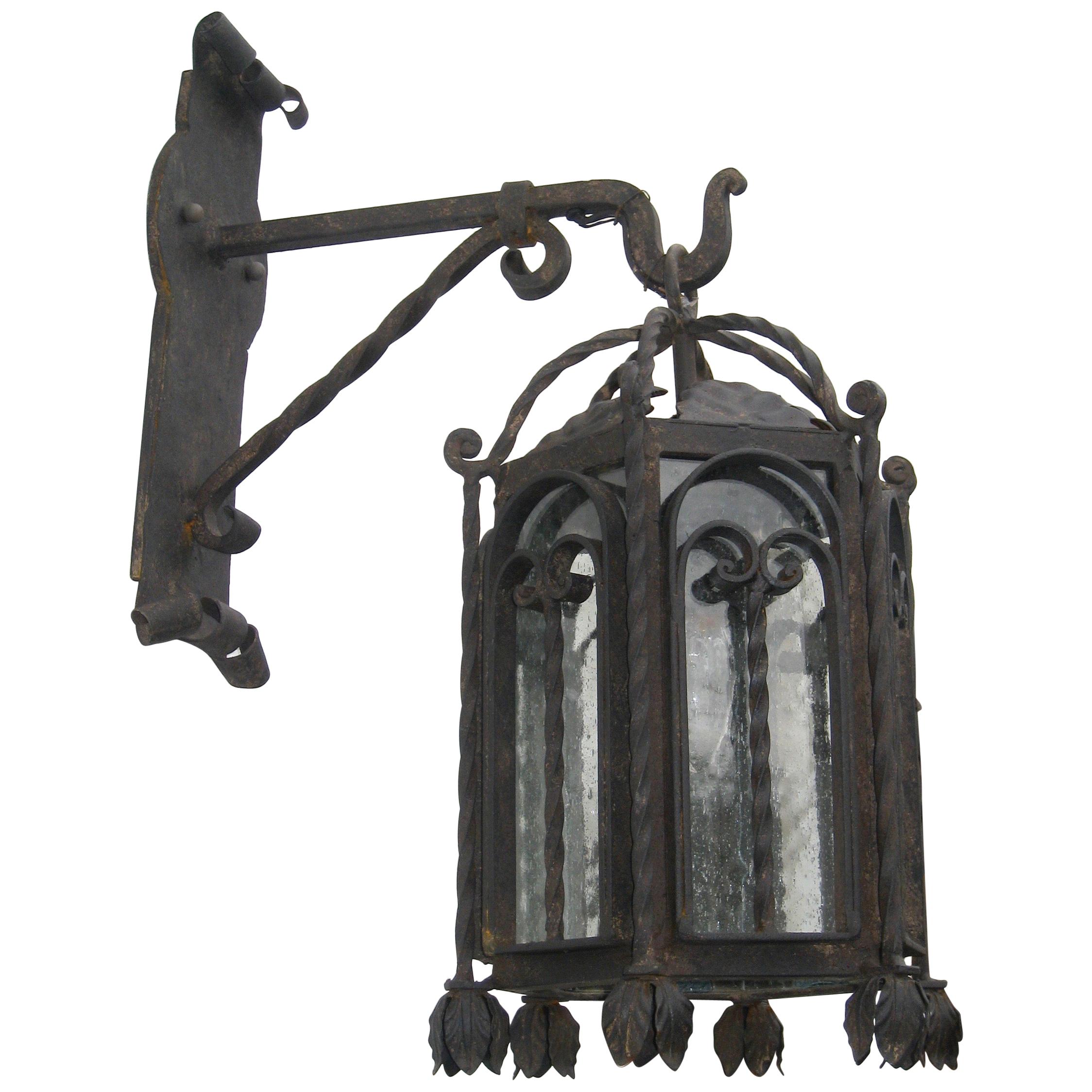 Arched Door Forged Iron Exterior Lantern on Bracket For Sale
