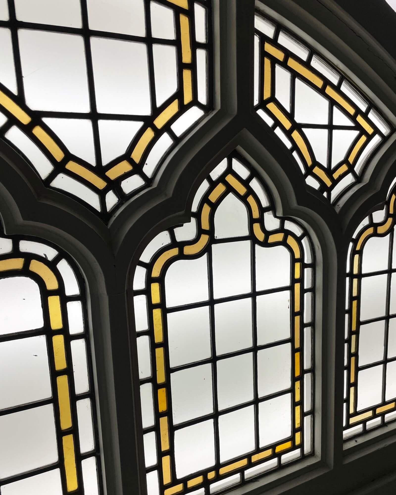 English Arched Ecclesiastical Style Stained Glass Window For Sale