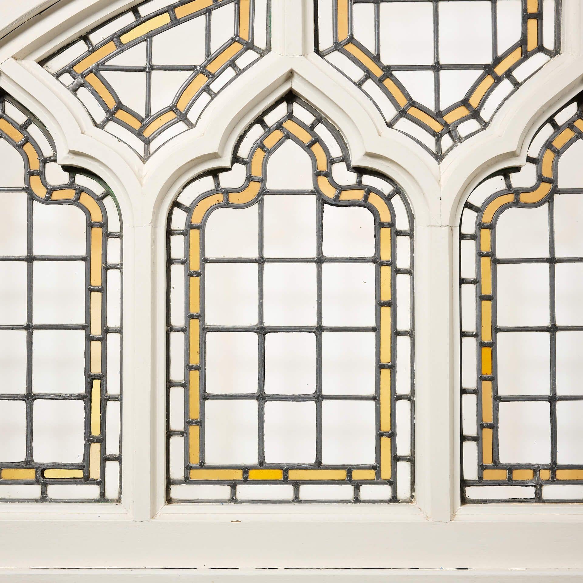 English Arched Ecclesiastical Style Stained Glass Window For Sale