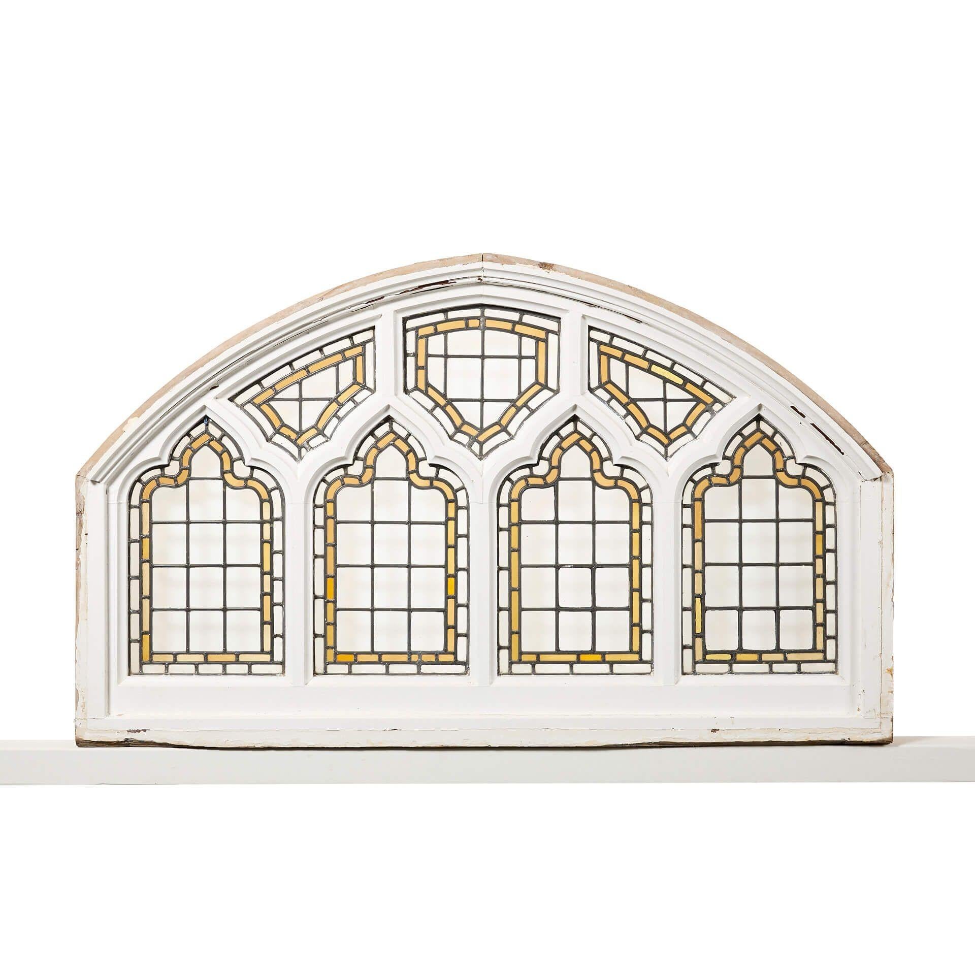 Arched Ecclesiastical Style Stained Glass Window In Fair Condition For Sale In Wormelow, Herefordshire