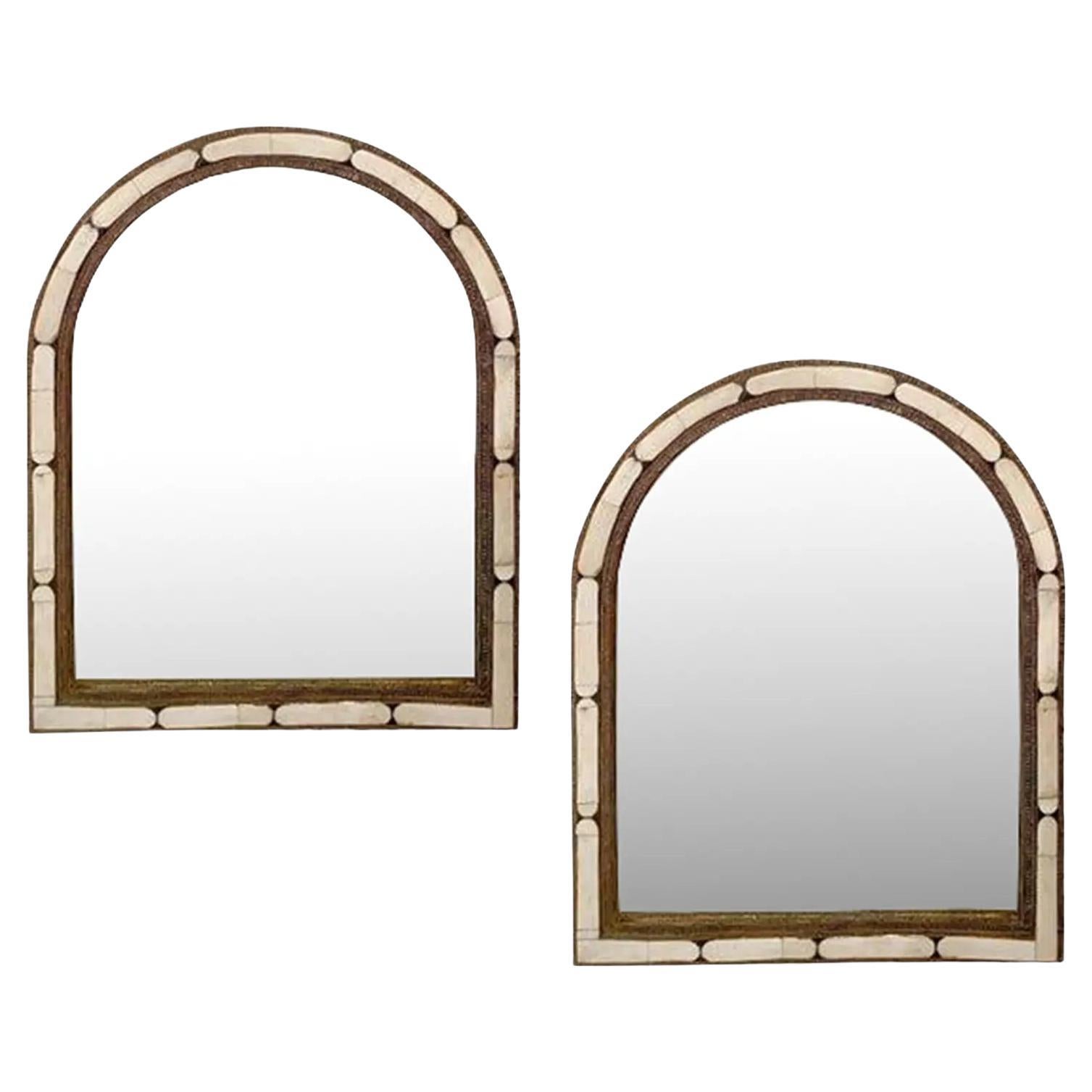 Arched Hollywood Regency White Camel Bone Mirror, a Pair For Sale