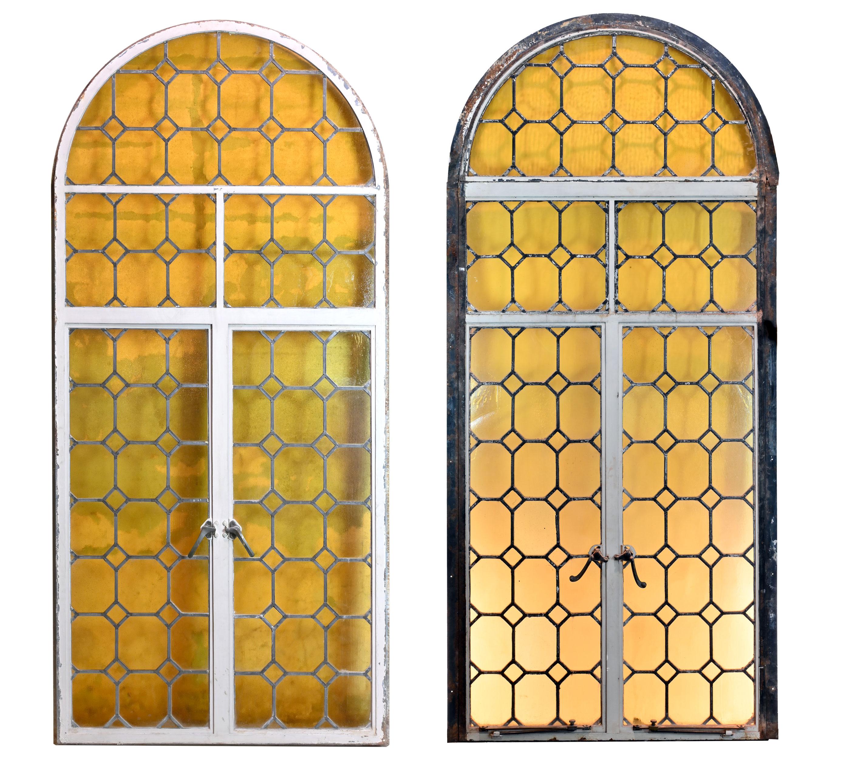 Arched Iron Framed French Window with Yellow Glass For Sale 8