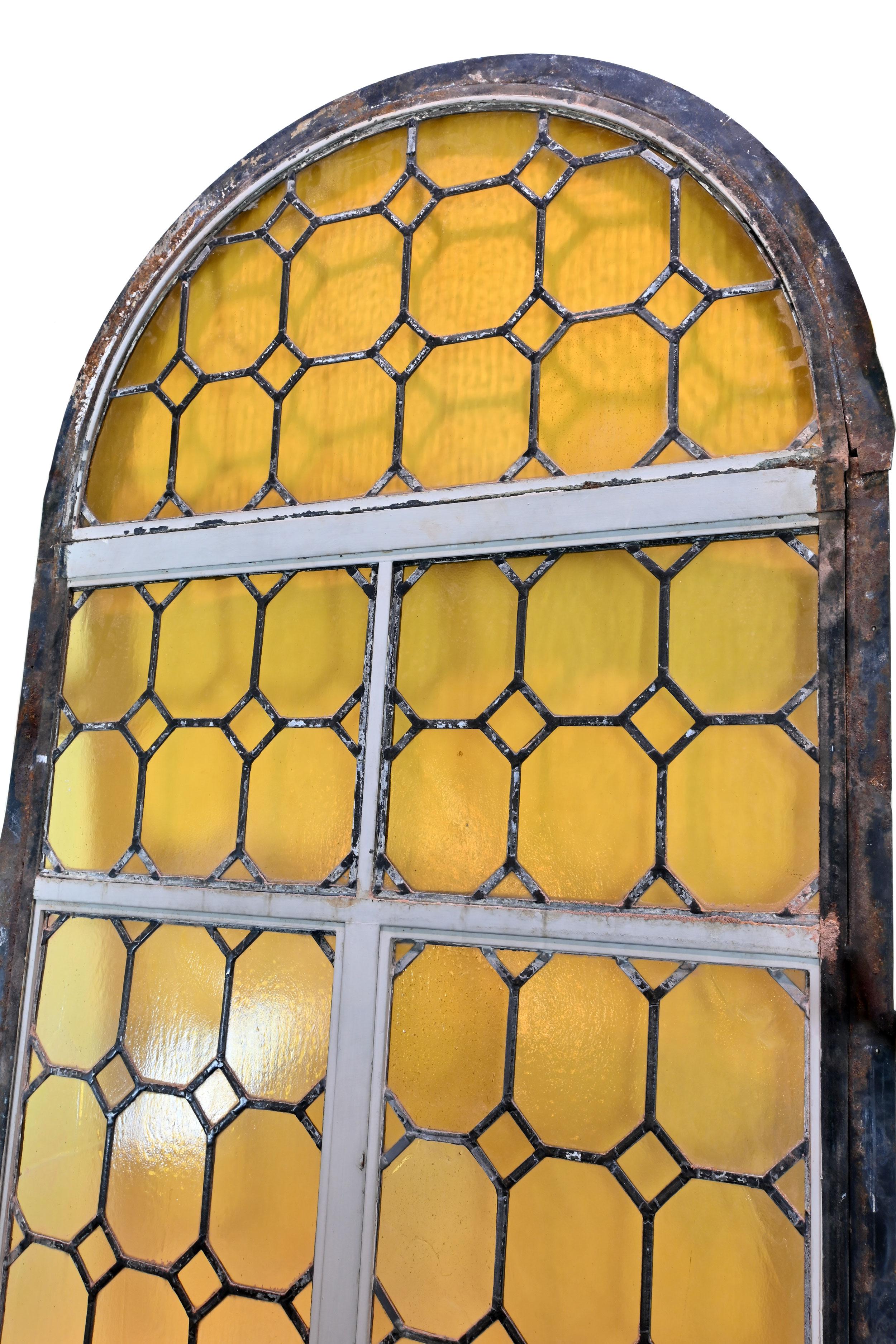Arched Iron Framed French Window with Yellow Glass For Sale 2