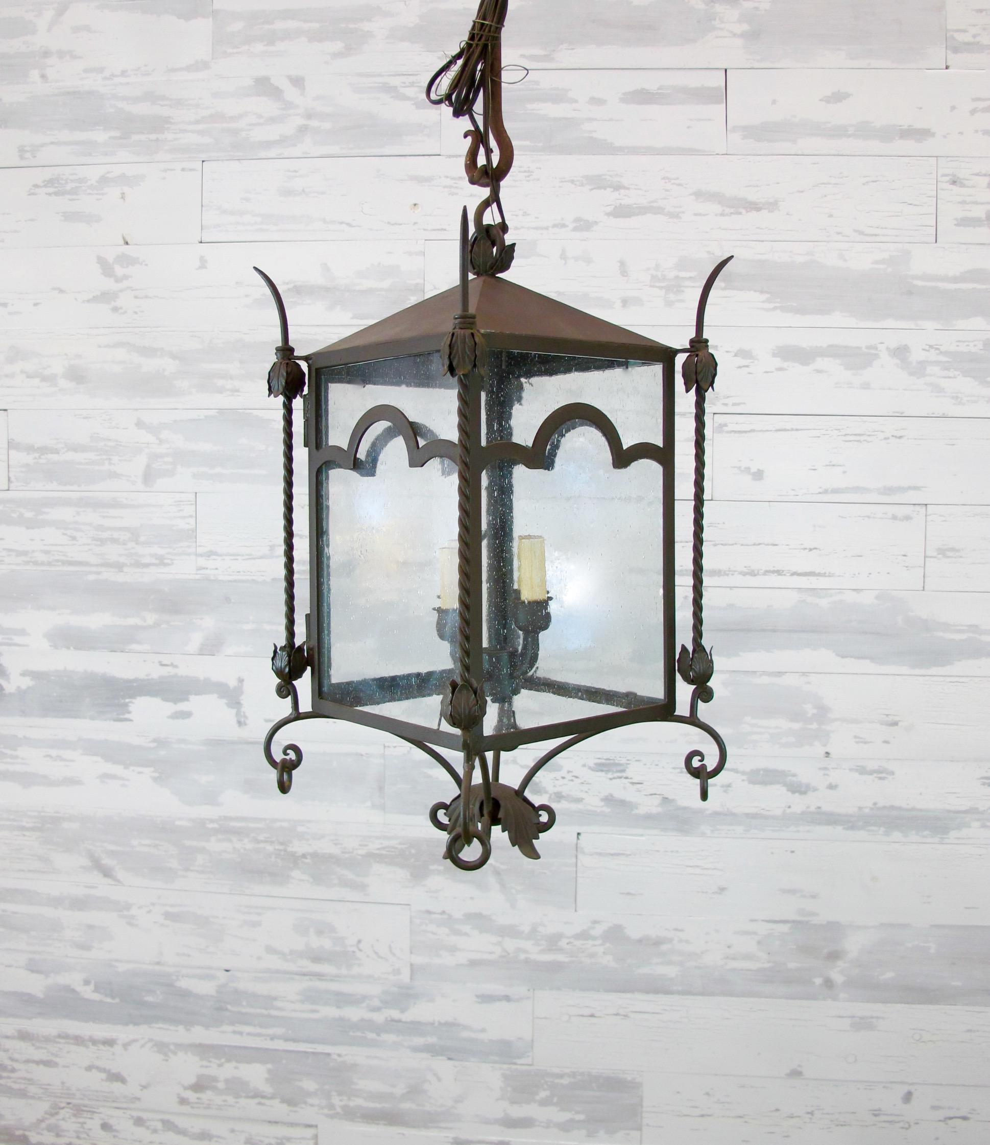 Forged Arched Iron Large Hanging Lantern For Sale